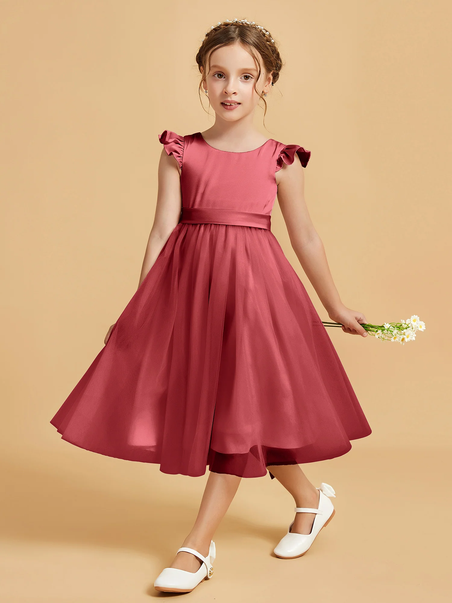 Satin Girl's Dress With Flutter Sleeves Burgundy - Image 3