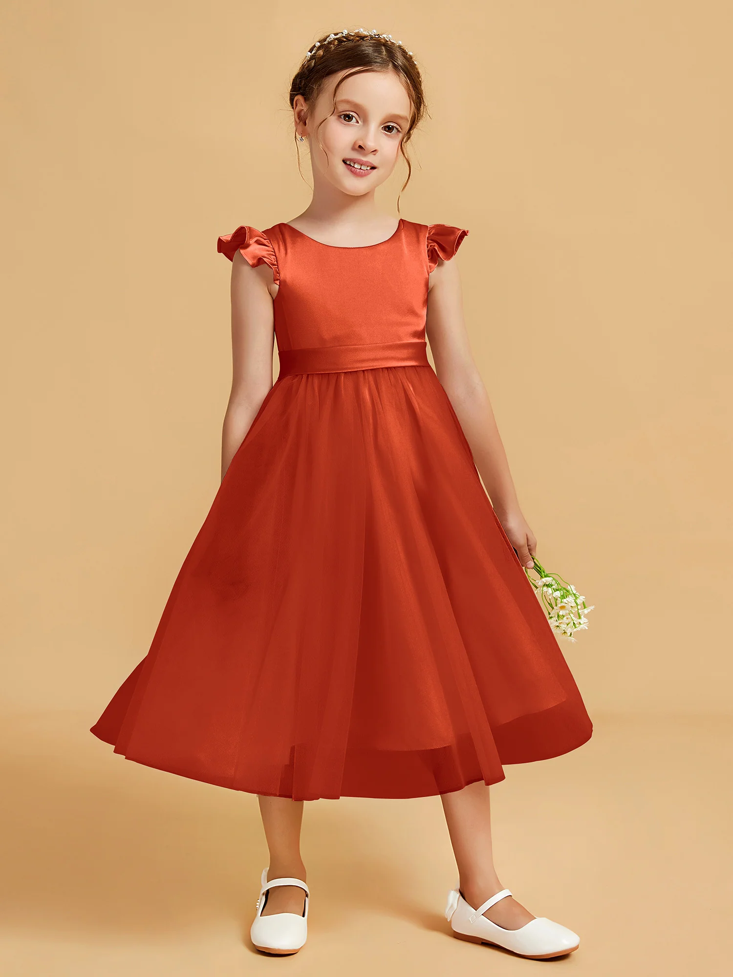Satin Girl's Dress With Flutter Sleeves Burnt Orange