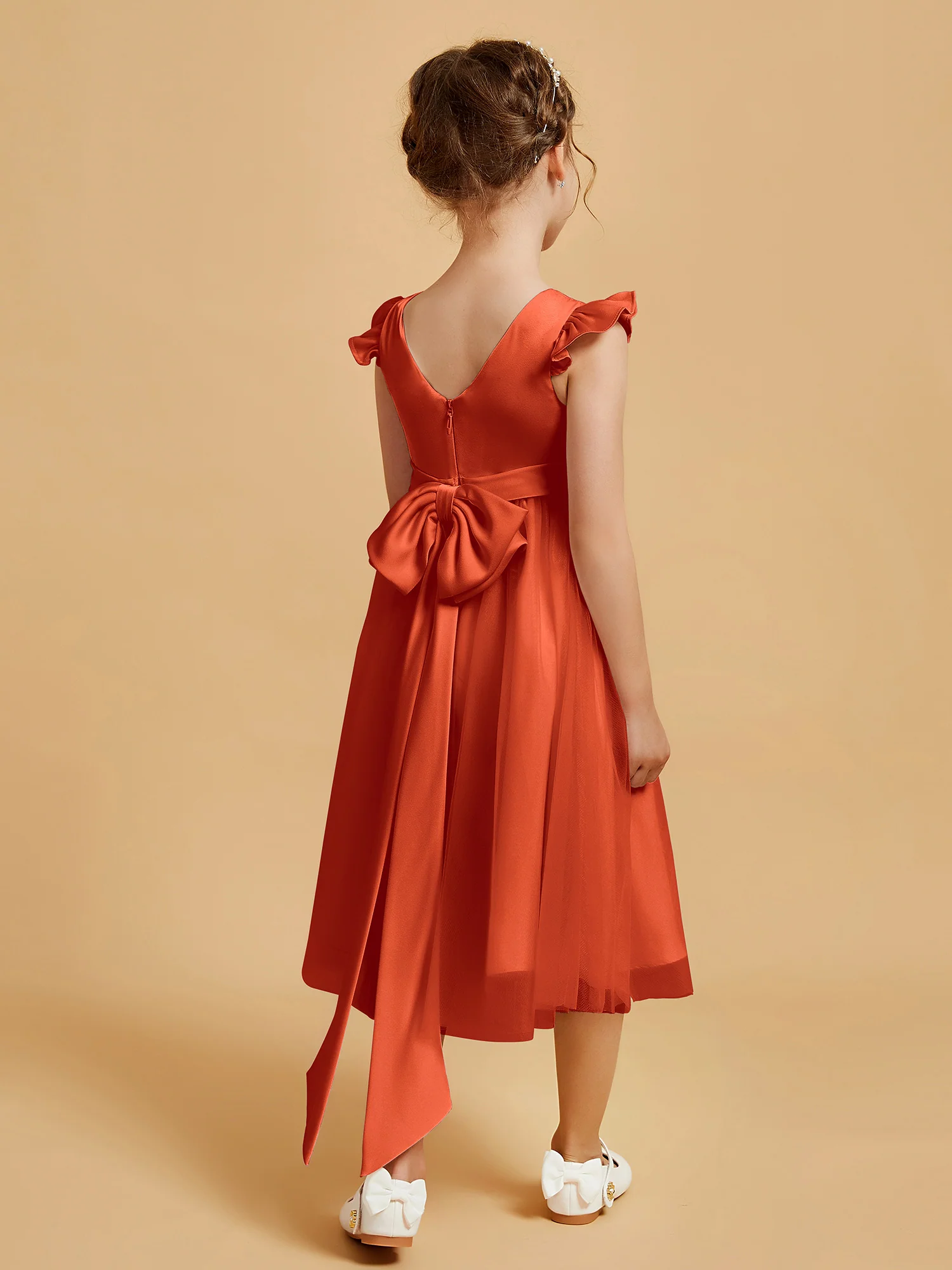 Satin Girl's Dress With Flutter Sleeves Burnt Orange - Image 2