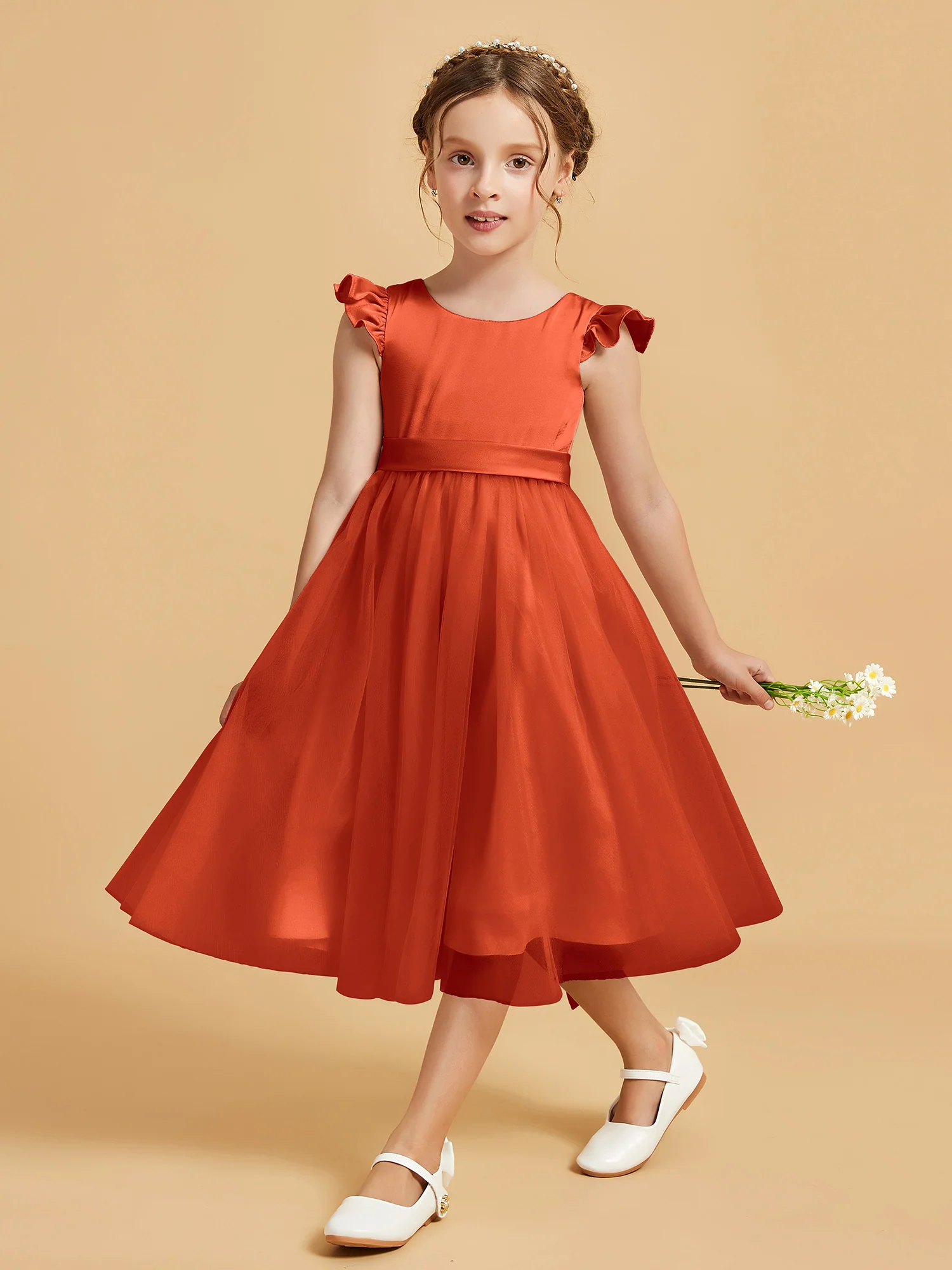 Satin Girl's Dress With Flutter Sleeves Burnt Orange - Image 3