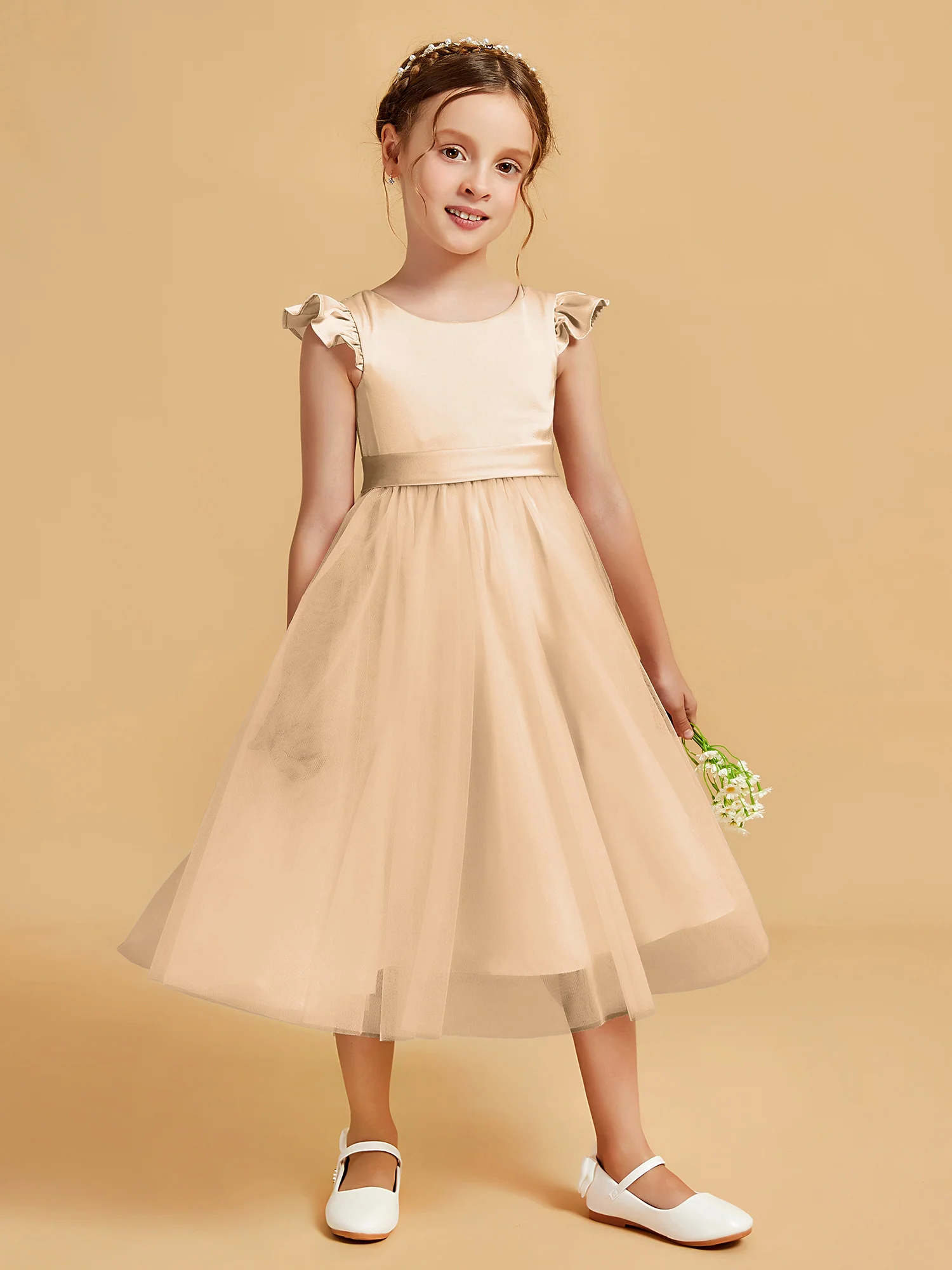 Satin Girl's Dress With Flutter Sleeves Champagne