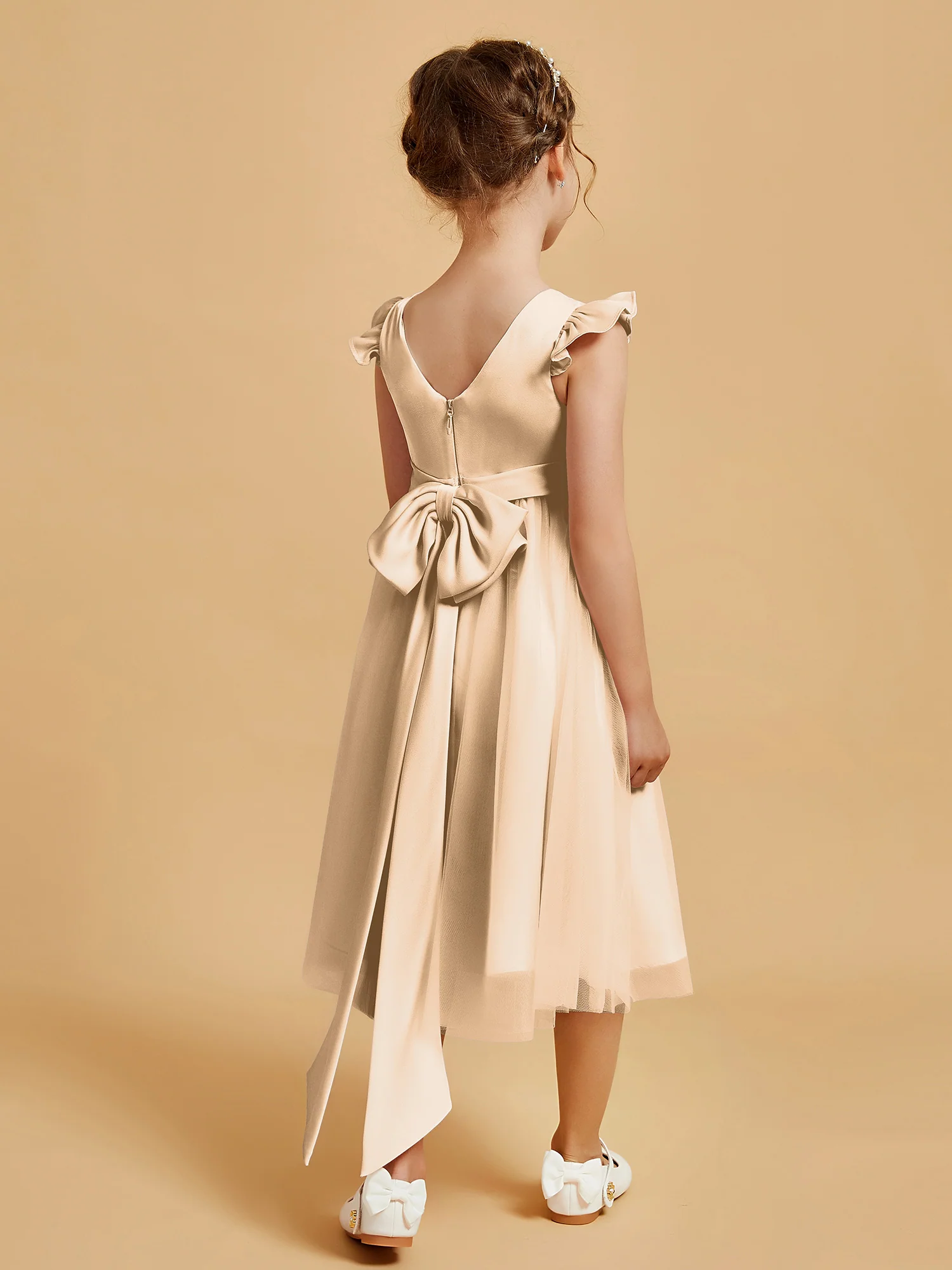 Satin Girl's Dress With Flutter Sleeves Champagne - Image 2