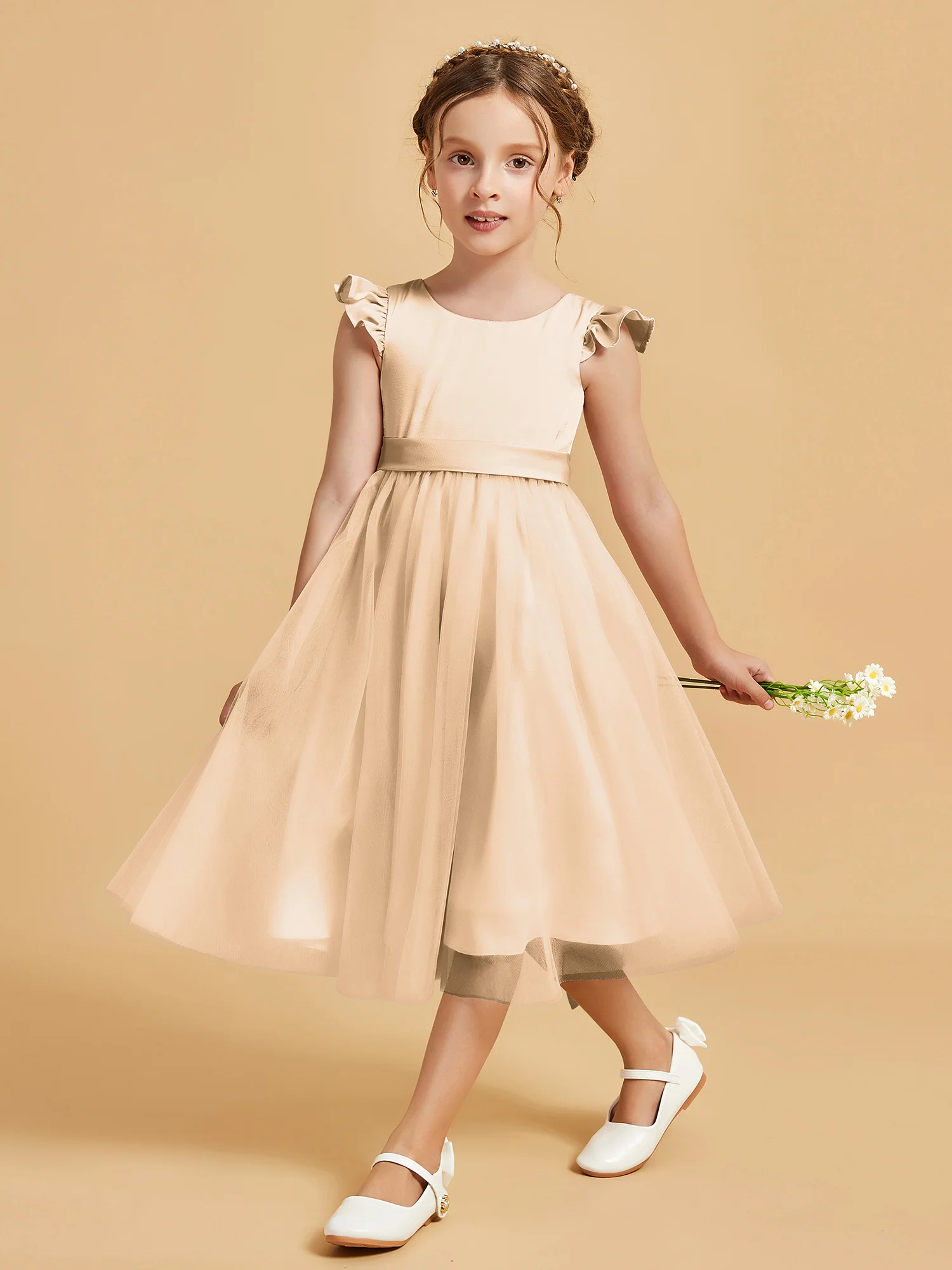 Satin Girl's Dress With Flutter Sleeves Champagne - Image 3