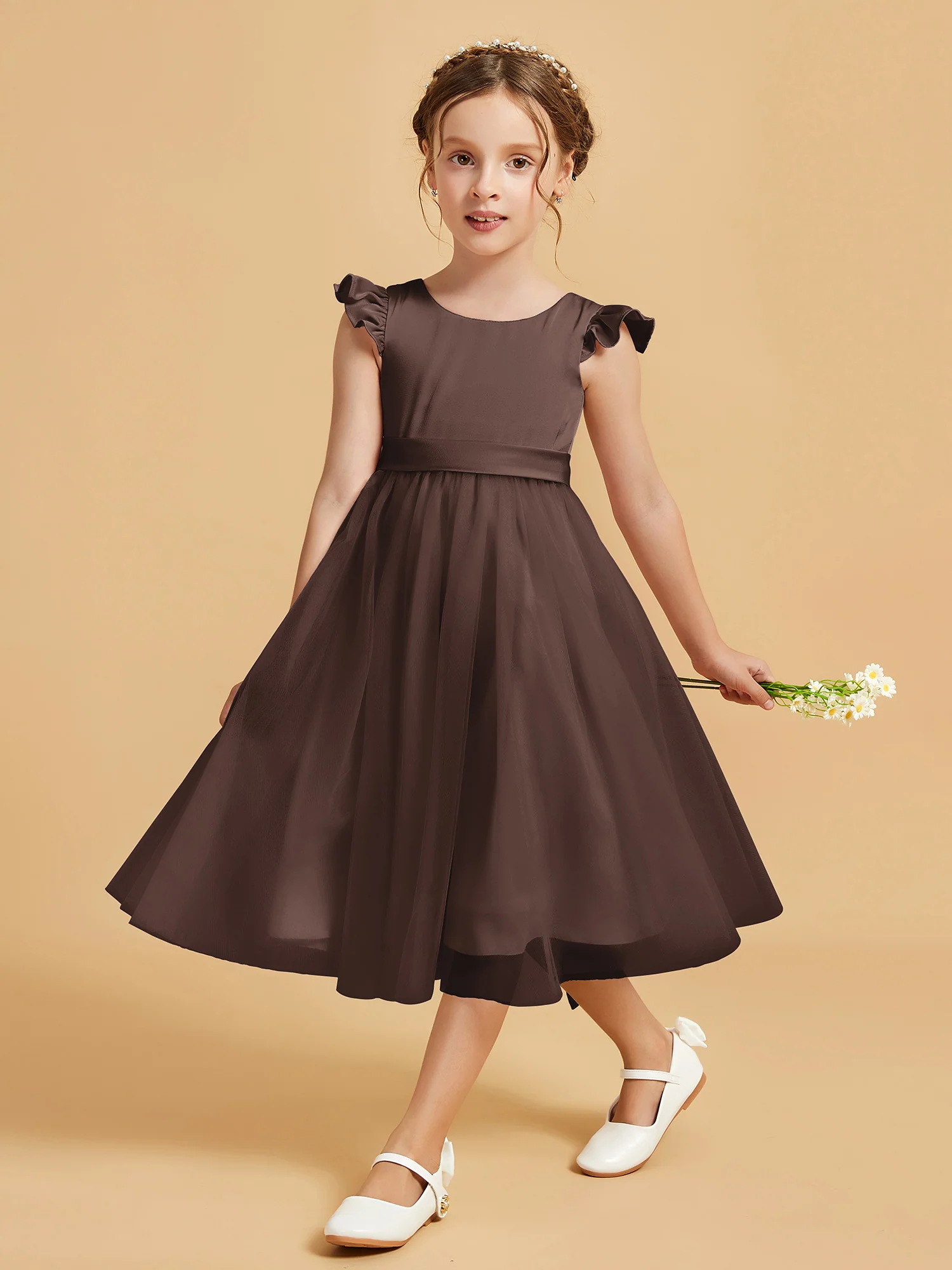Satin Girl's Dress With Flutter Sleeves Chocolate - Image 3