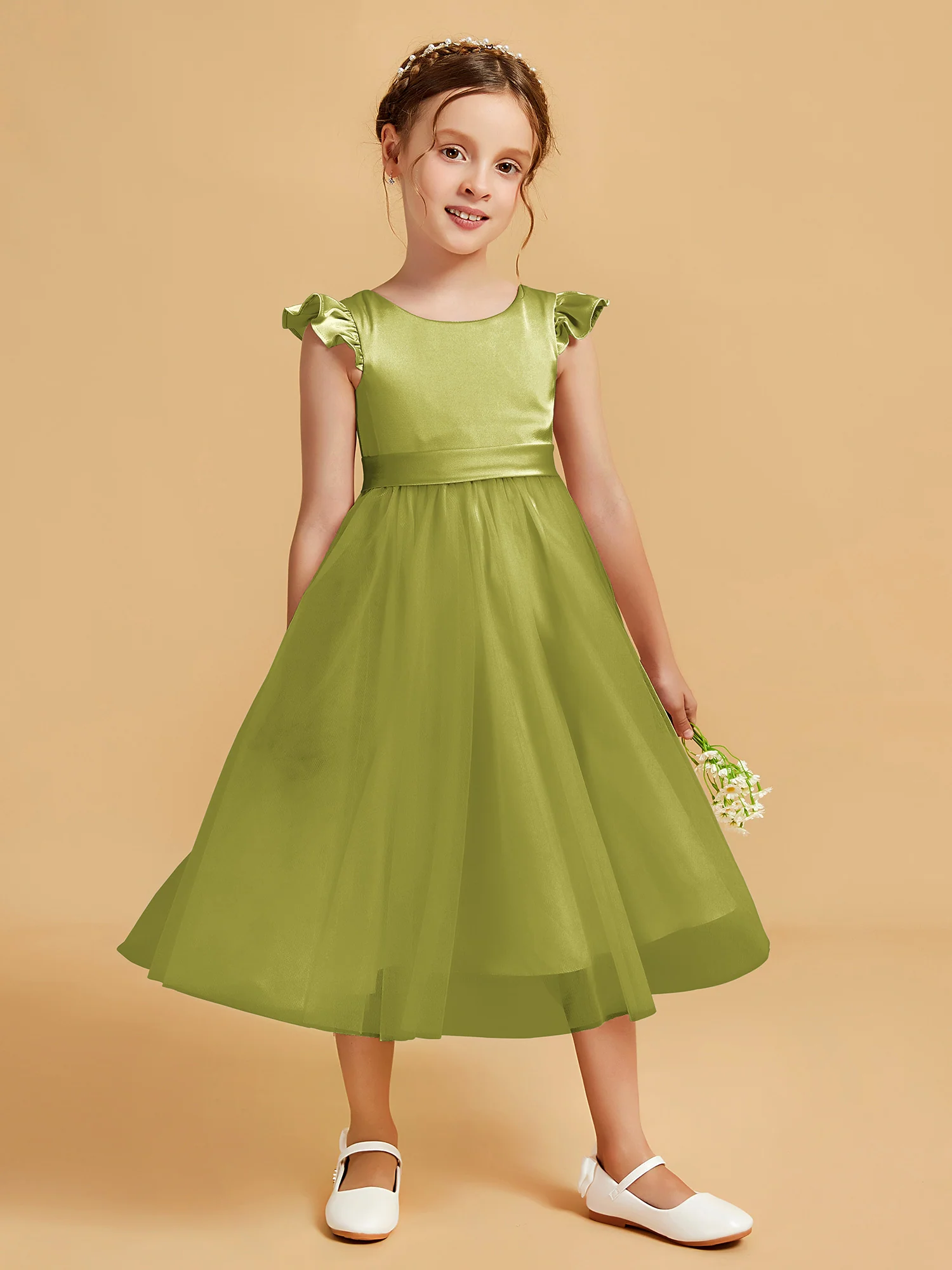 Satin Girl's Dress With Flutter Sleeves Clover