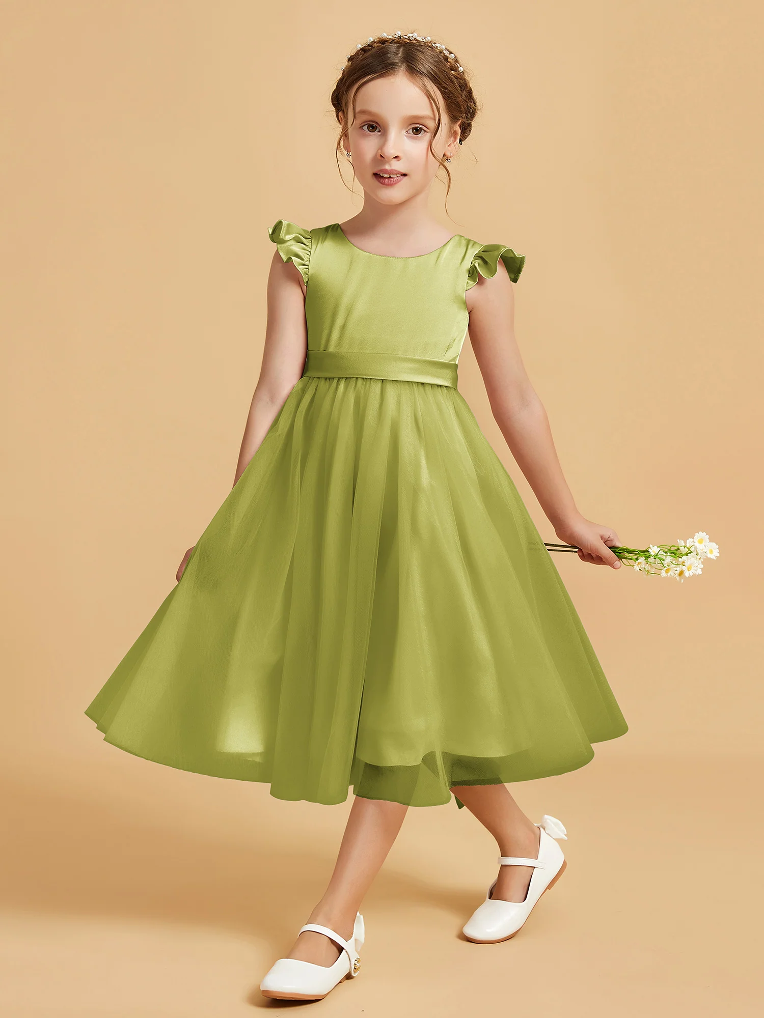 Satin Girl's Dress With Flutter Sleeves Clover - Image 3