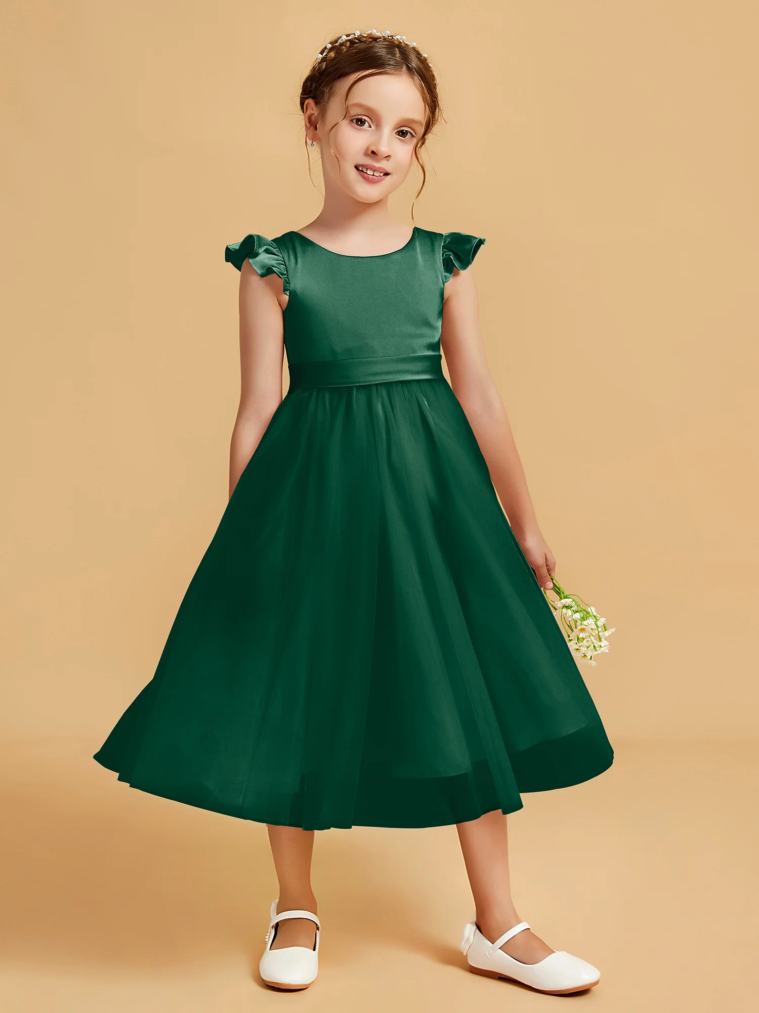 Satin Girl's Dress With Flutter Sleeves Dark Green