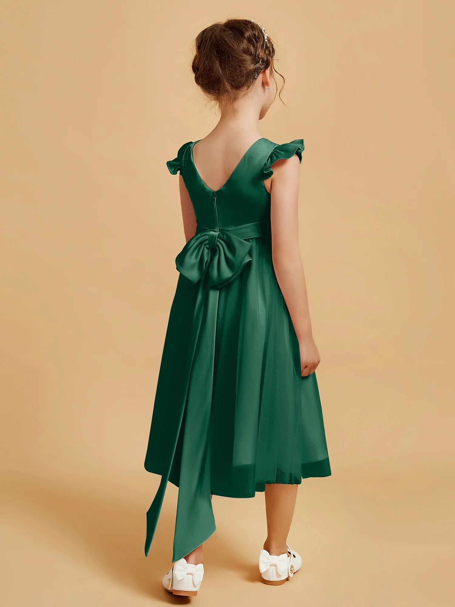 Satin Girl's Dress With Flutter Sleeves Dark Green - Image 2