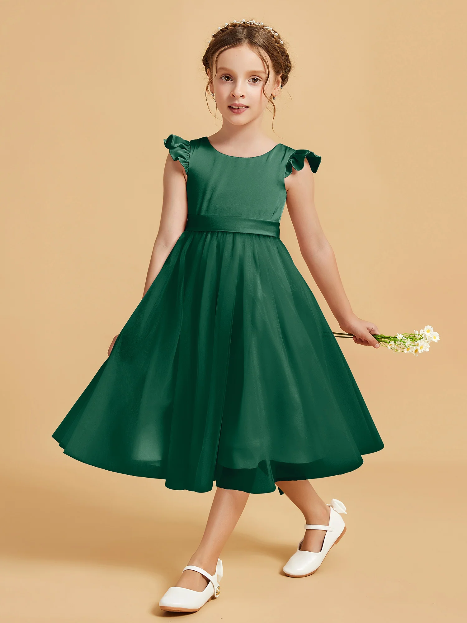 Satin Girl's Dress With Flutter Sleeves Dark Green - Image 3
