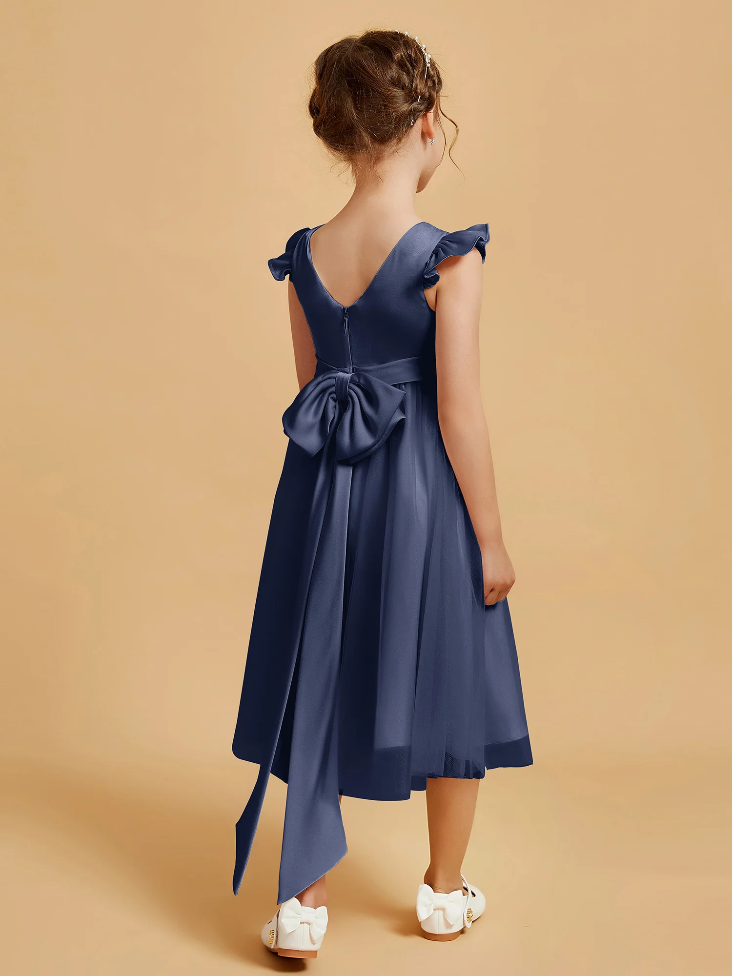 Satin Girl's Dress With Flutter Sleeves Dark Navy - Image 2