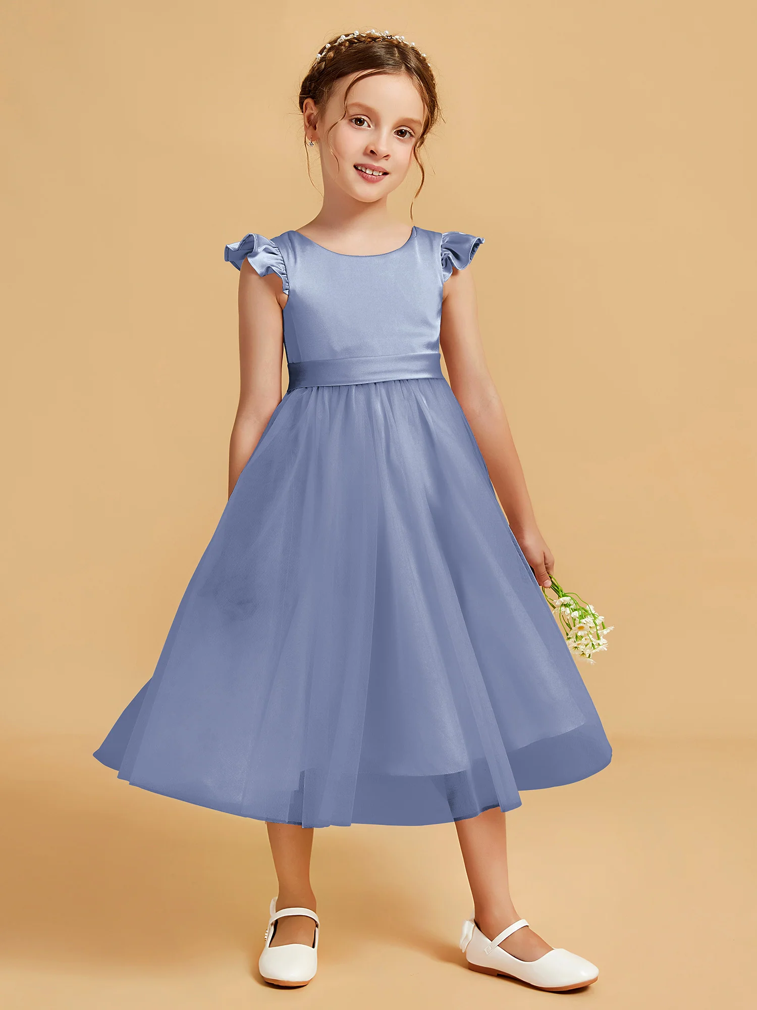 Satin Girl's Dress With Flutter Sleeves Dusty Blue