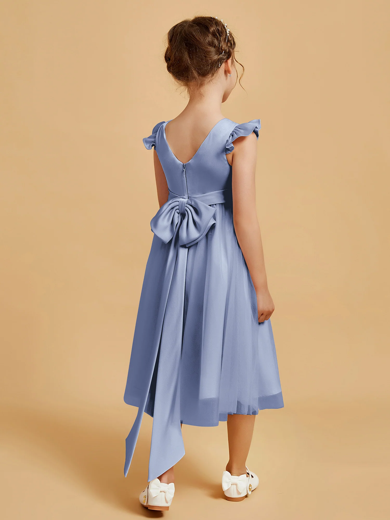Satin Girl's Dress With Flutter Sleeves Dusty Blue - Image 2