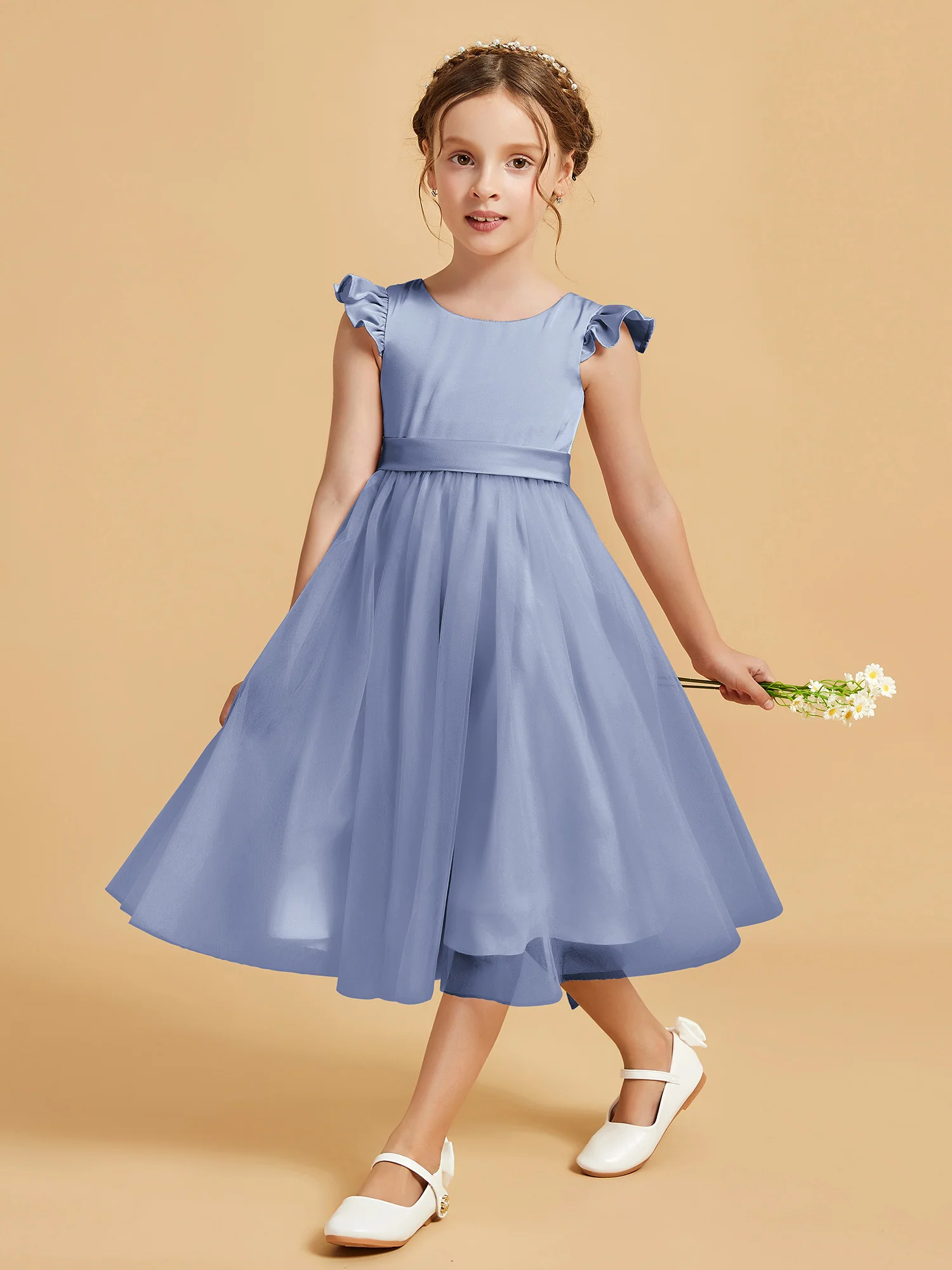 Satin Girl's Dress With Flutter Sleeves Dusty Blue - Image 3