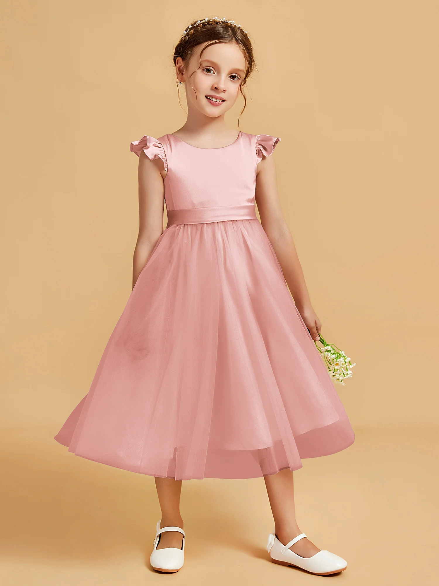 Satin Girl's Dress With Flutter Sleeves Dusty Rose