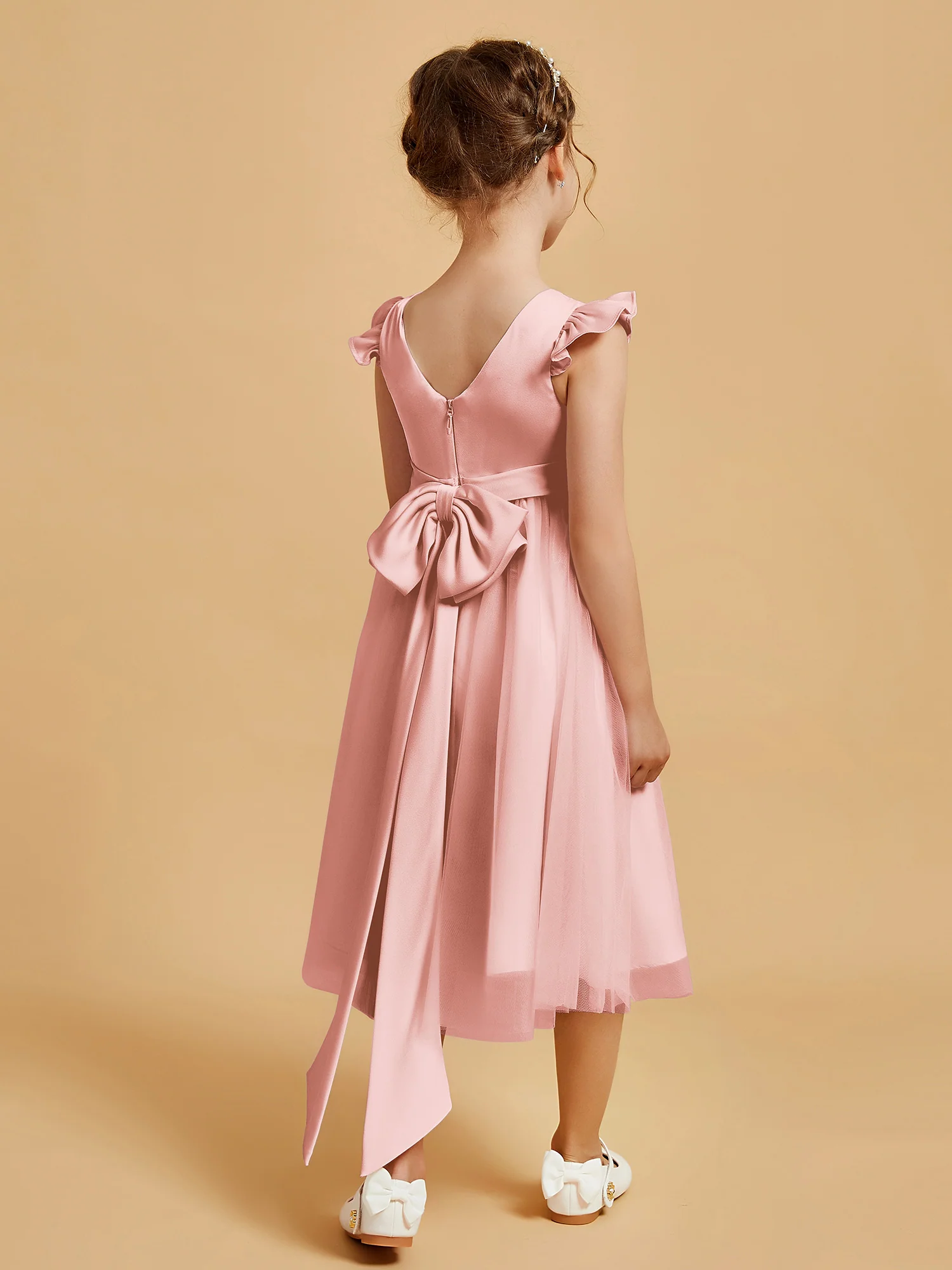 Satin Girl's Dress With Flutter Sleeves Dusty Rose - Image 2