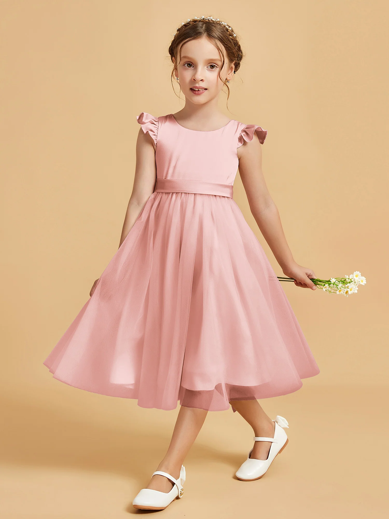 Satin Girl's Dress With Flutter Sleeves Dusty Rose - Image 3