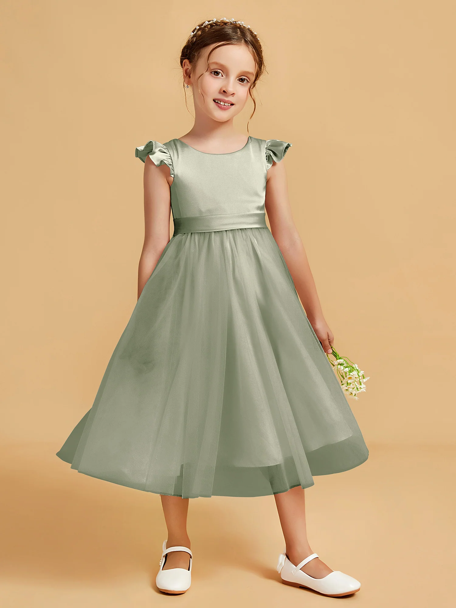 Satin Girl's Dress With Flutter Sleeves Dusty Sage