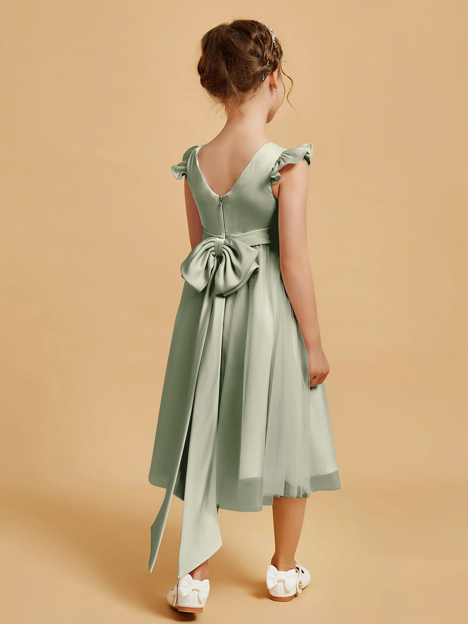 Satin Girl's Dress With Flutter Sleeves Dusty Sage - Image 2