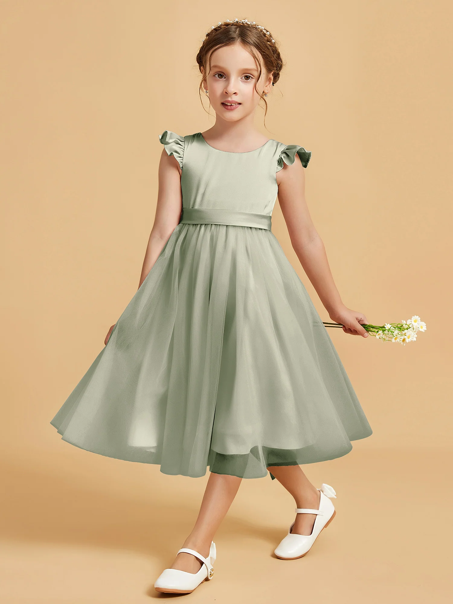 Satin Girl's Dress With Flutter Sleeves Dusty Sage - Image 3
