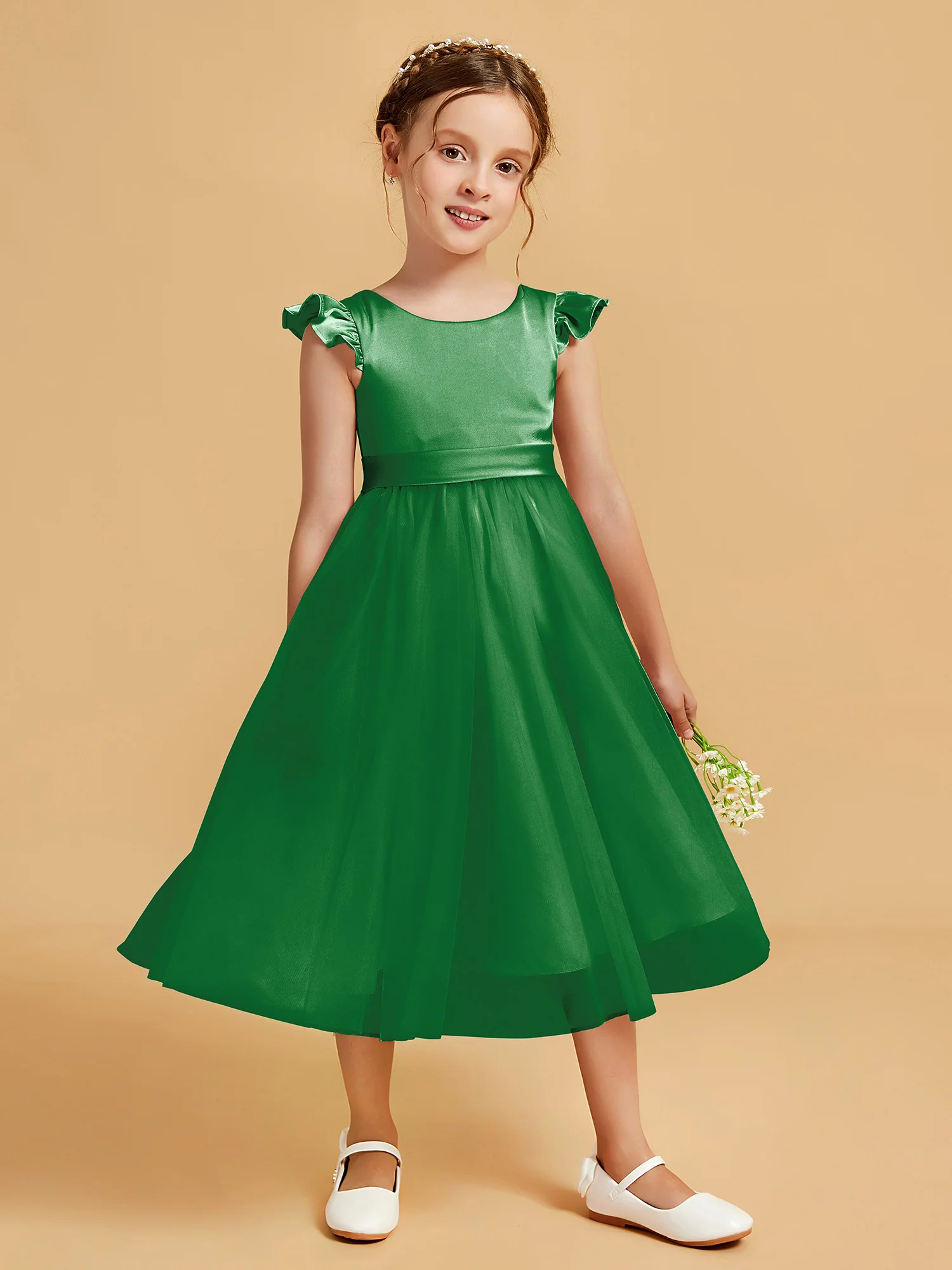 Satin Girl's Dress With Flutter Sleeves Emerald