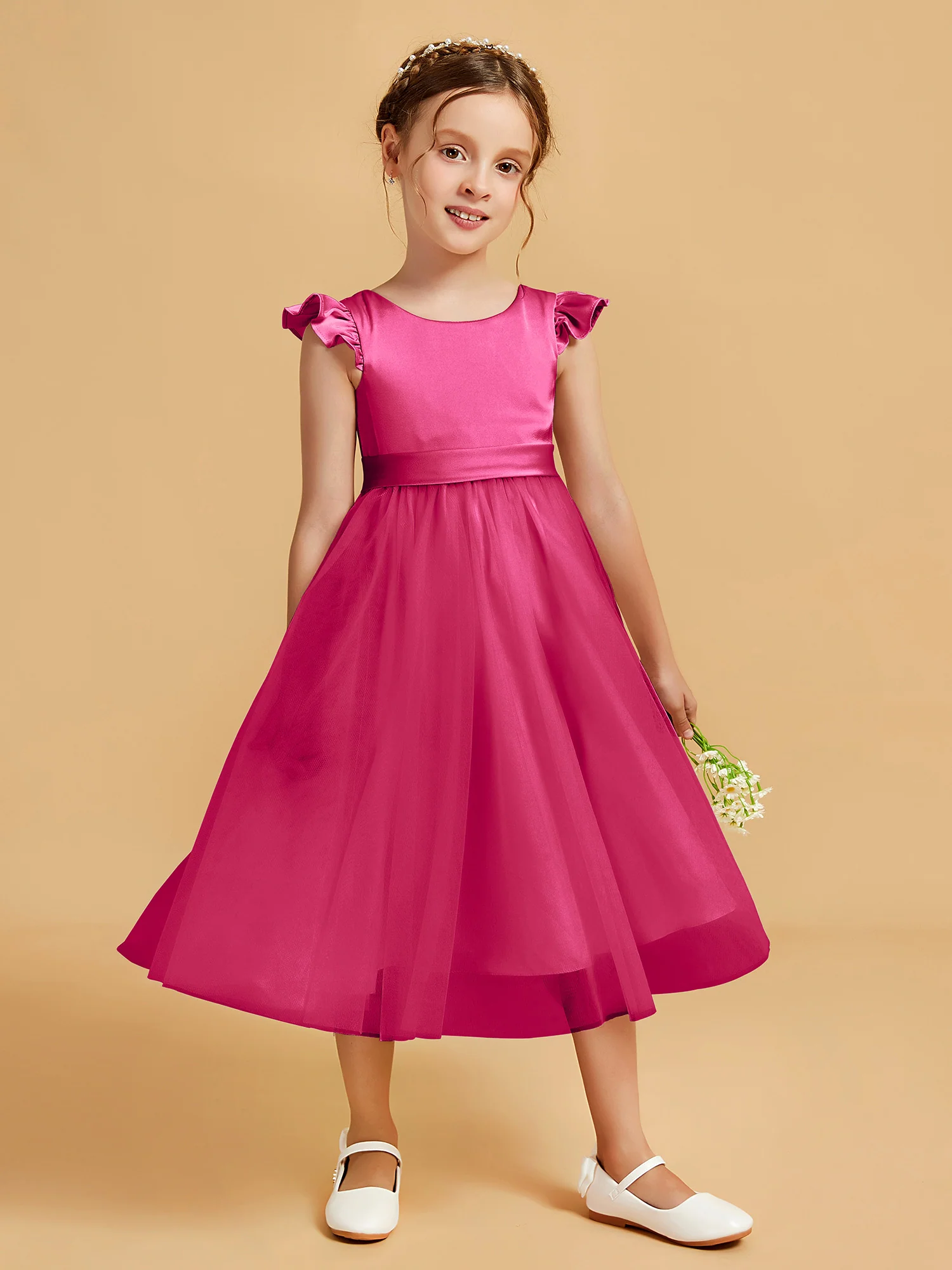 Satin Girl's Dress With Flutter Sleeves Fuchsia