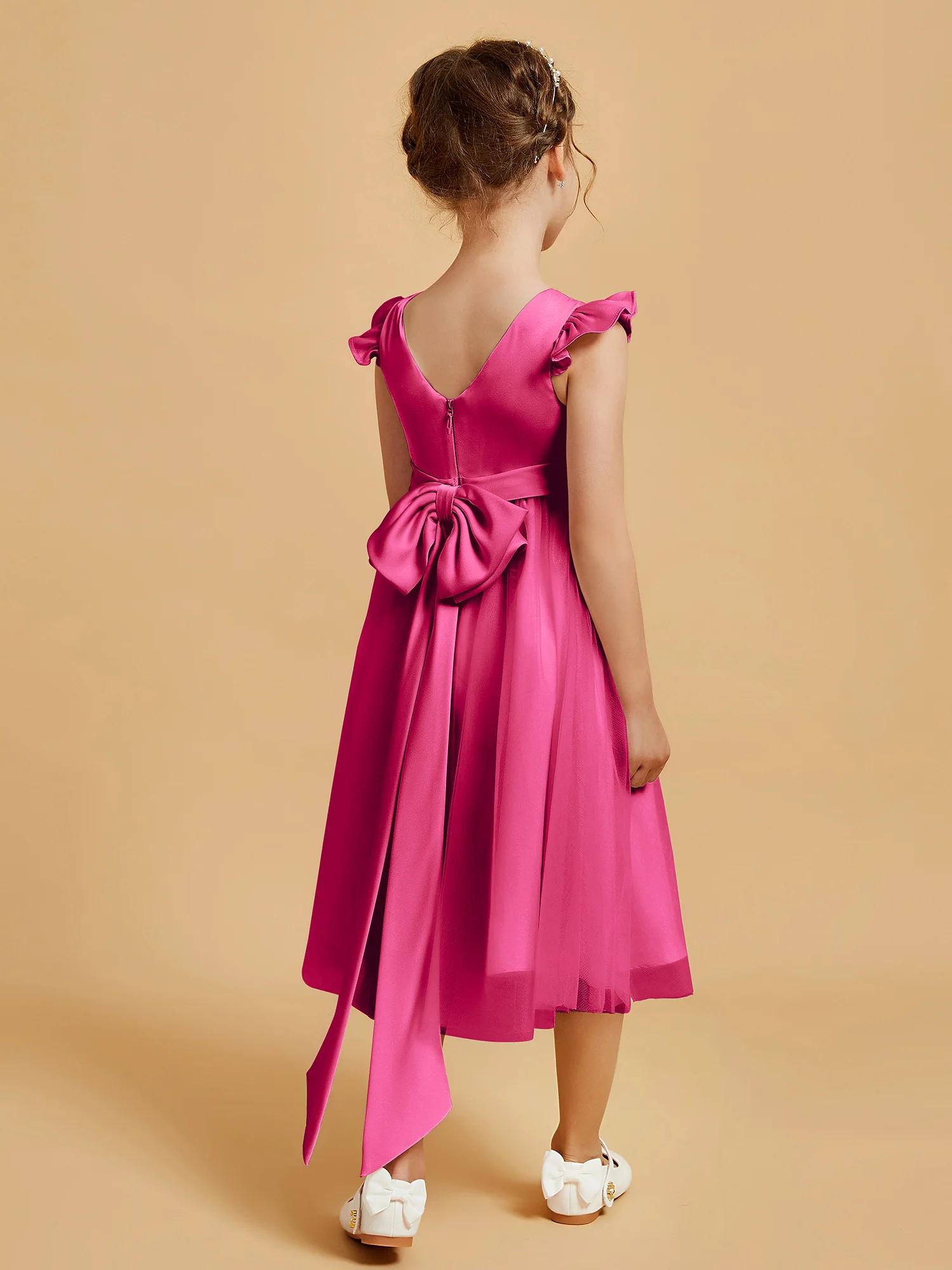 Satin Girl's Dress With Flutter Sleeves Fuchsia - Image 2