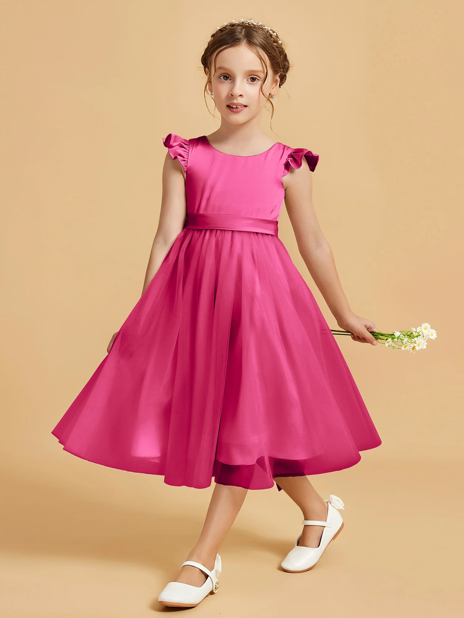 Satin Girl's Dress With Flutter Sleeves Fuchsia - Image 3