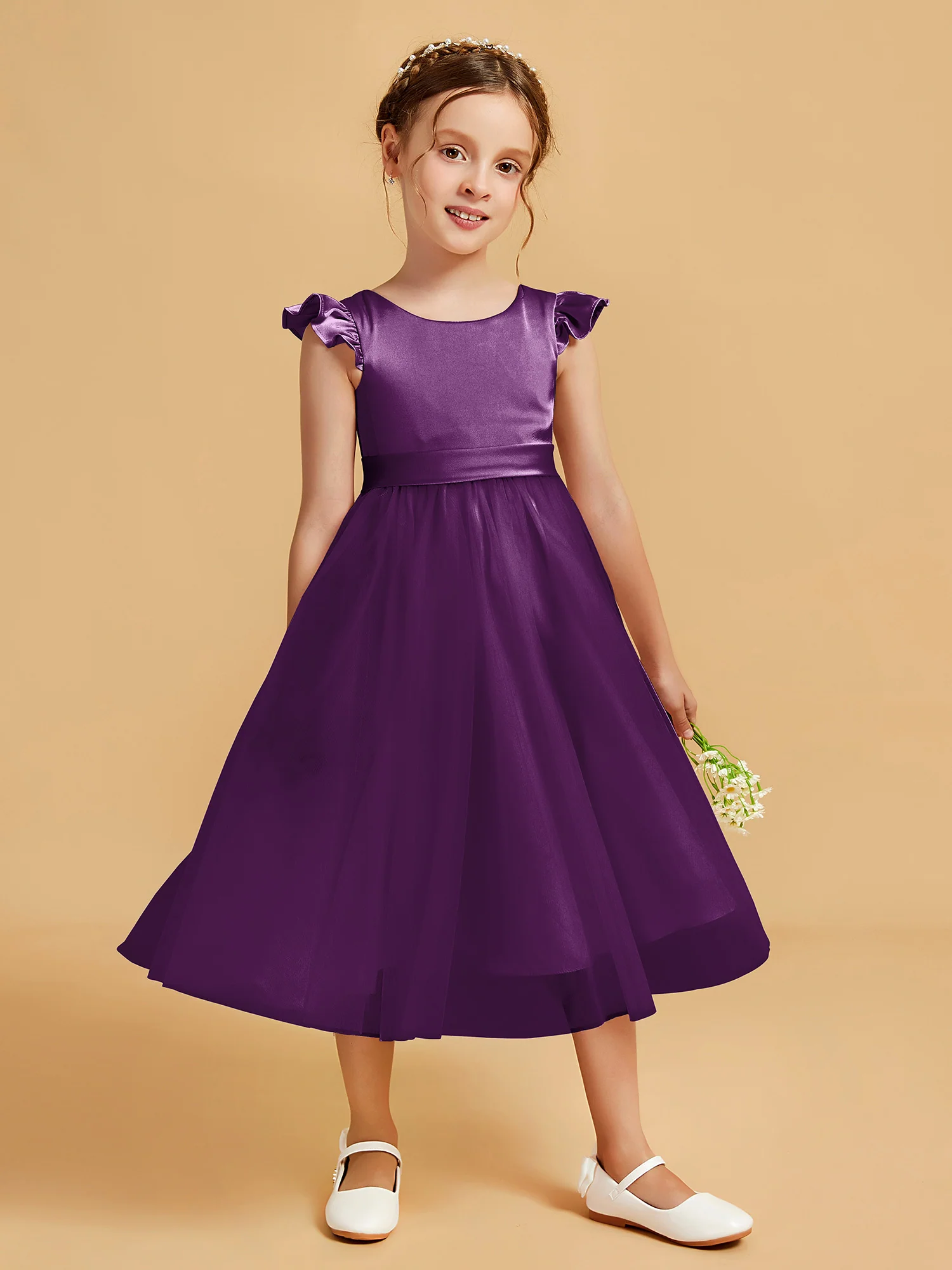 Satin Girl's Dress With Flutter Sleeves Grape
