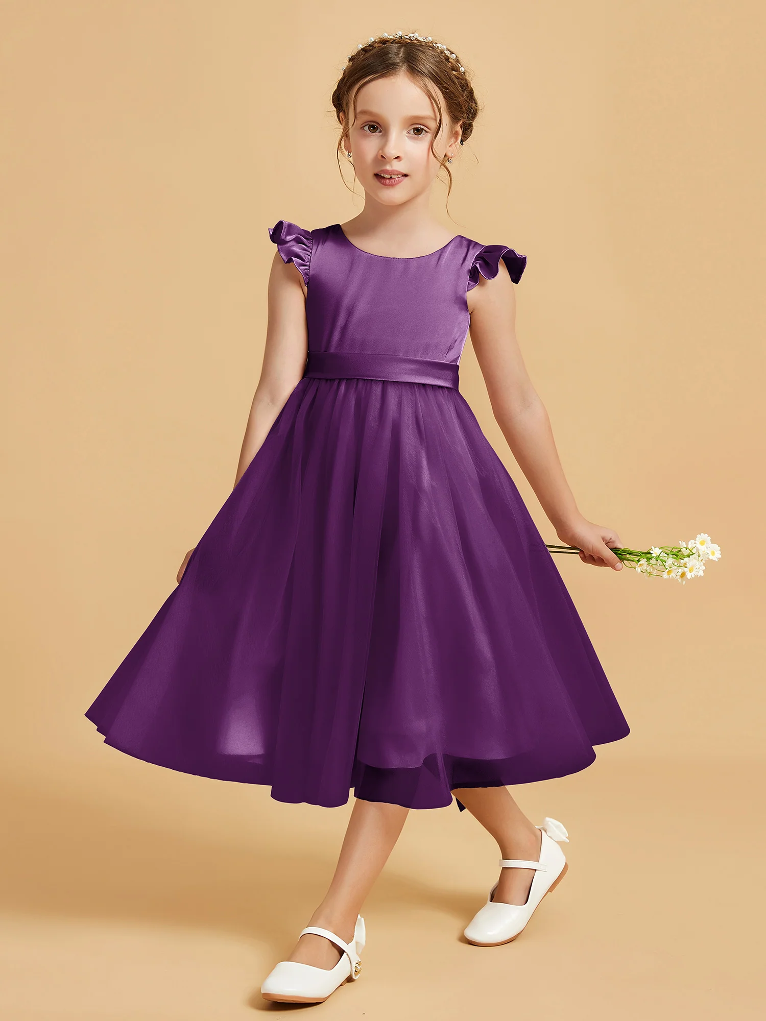Satin Girl's Dress With Flutter Sleeves Grape - Image 3
