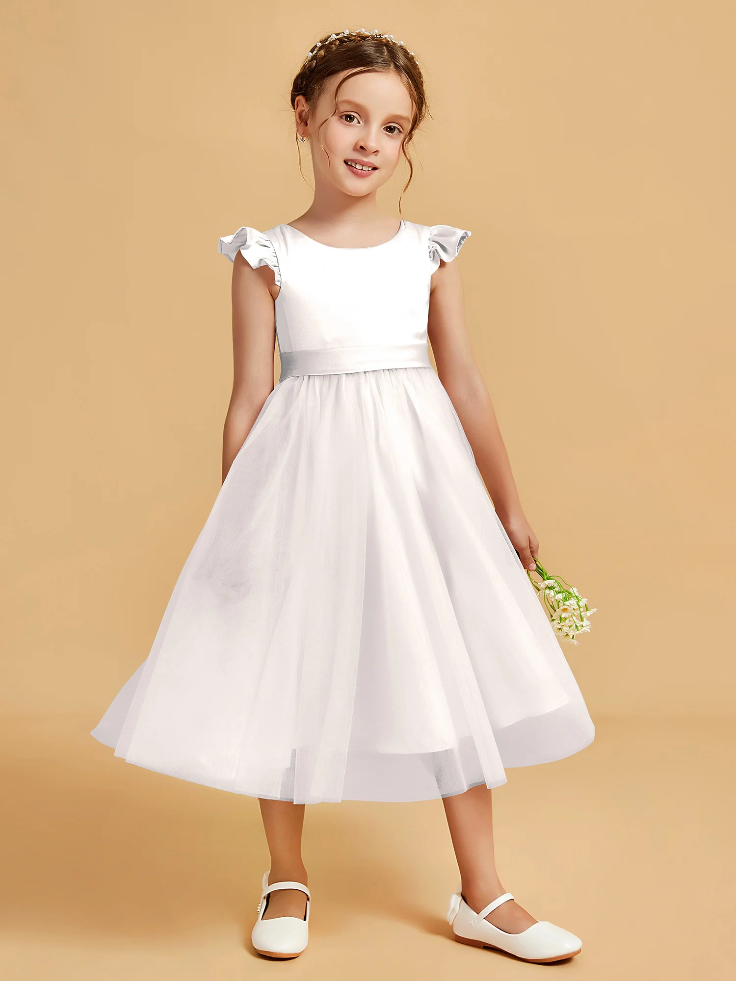 Satin Girl's Dress With Flutter Sleeves Ivory