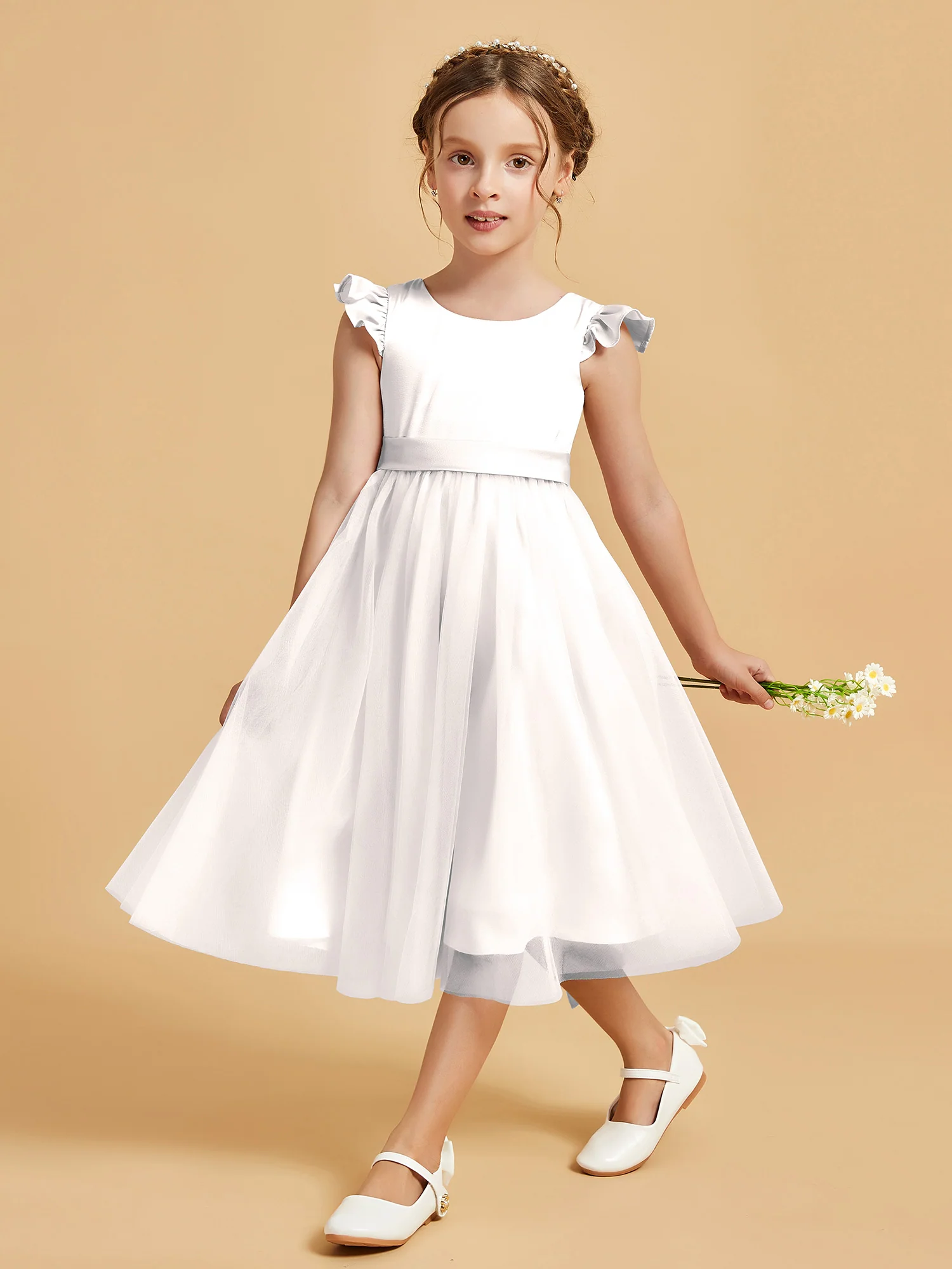 Satin Girl's Dress With Flutter Sleeves Ivory - Image 3