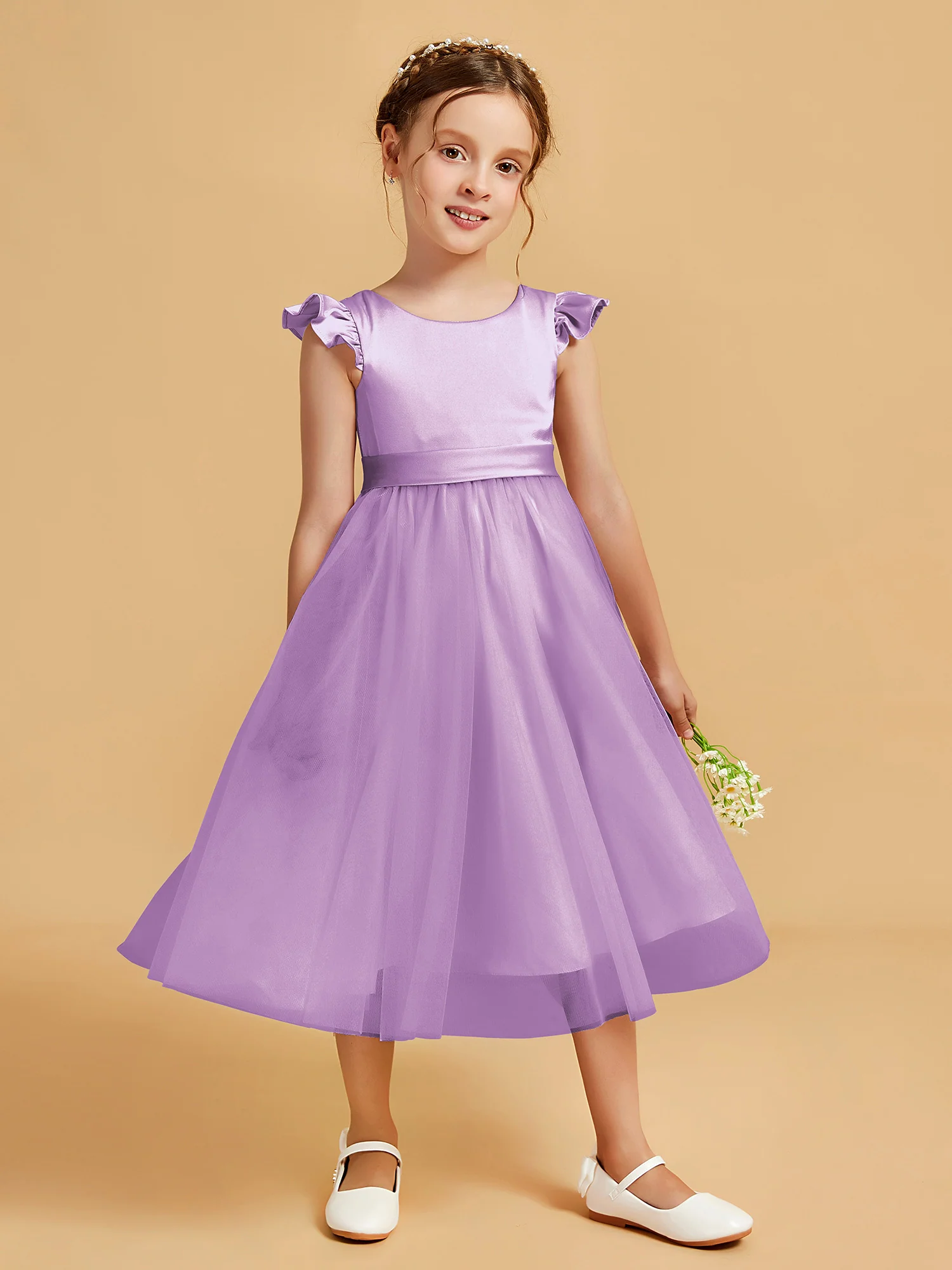 Satin Girl's Dress With Flutter Sleeves Lilac