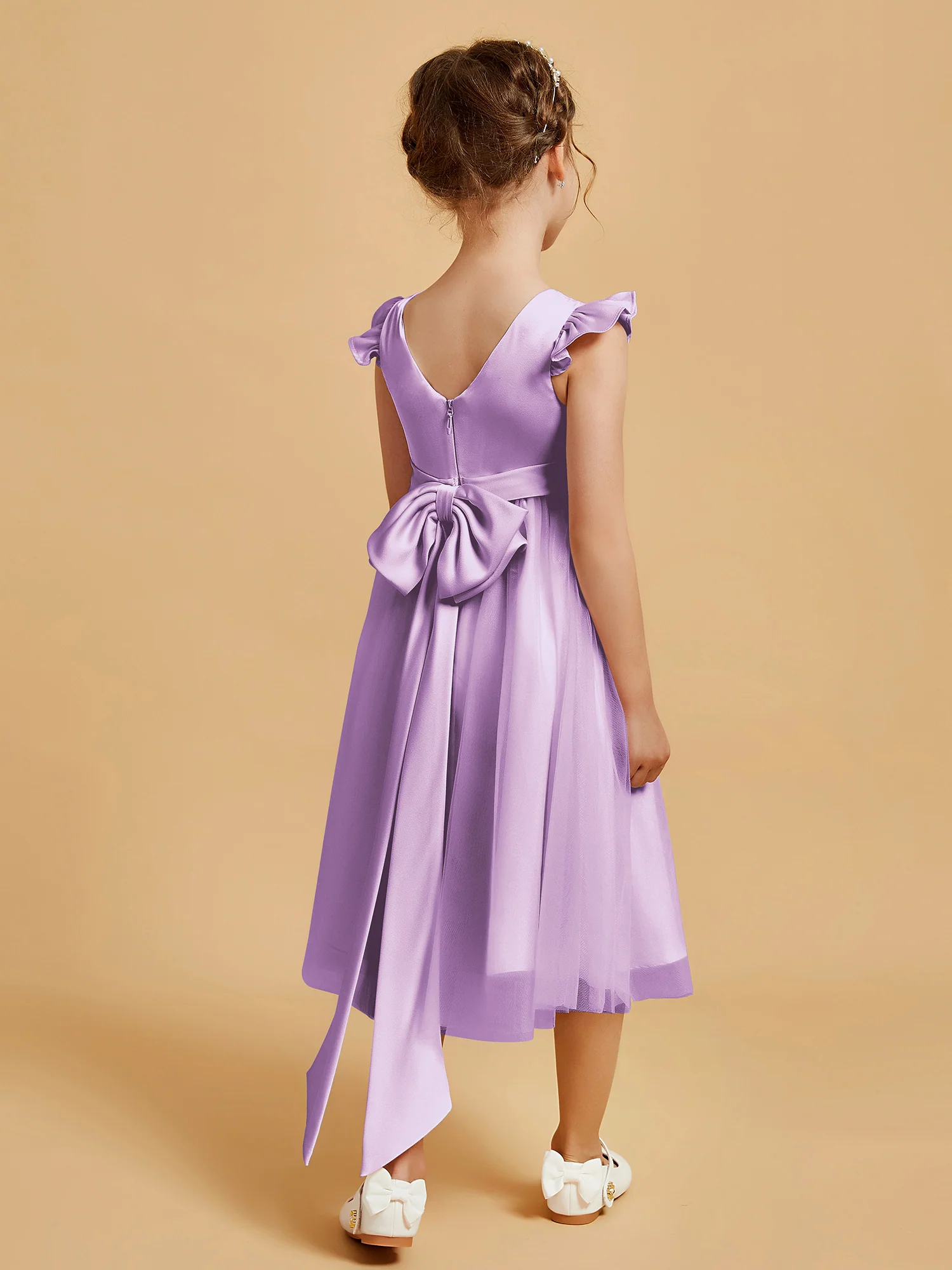 Satin Girl's Dress With Flutter Sleeves Lilac - Image 2