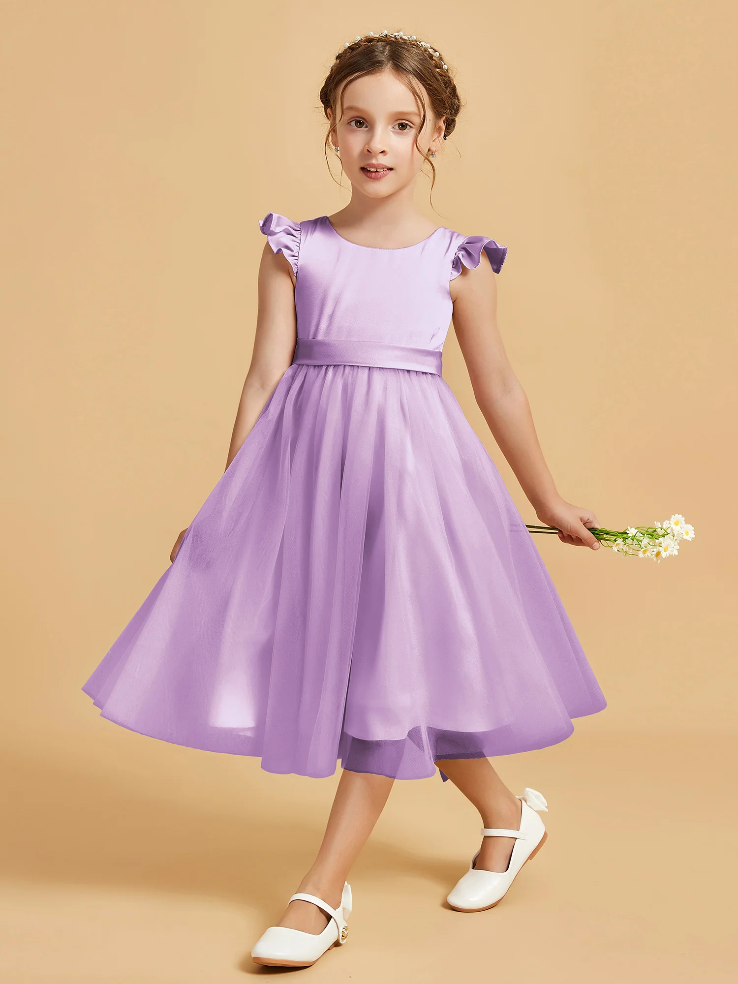 Satin Girl's Dress With Flutter Sleeves Lilac - Image 3