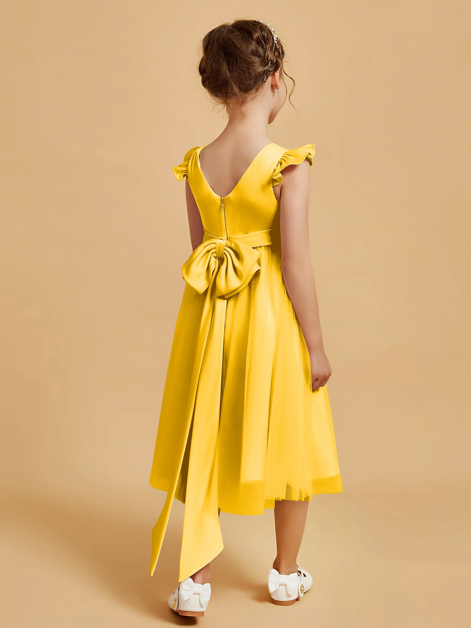 Satin Girl's Dress With Flutter Sleeves Marigold - Image 2