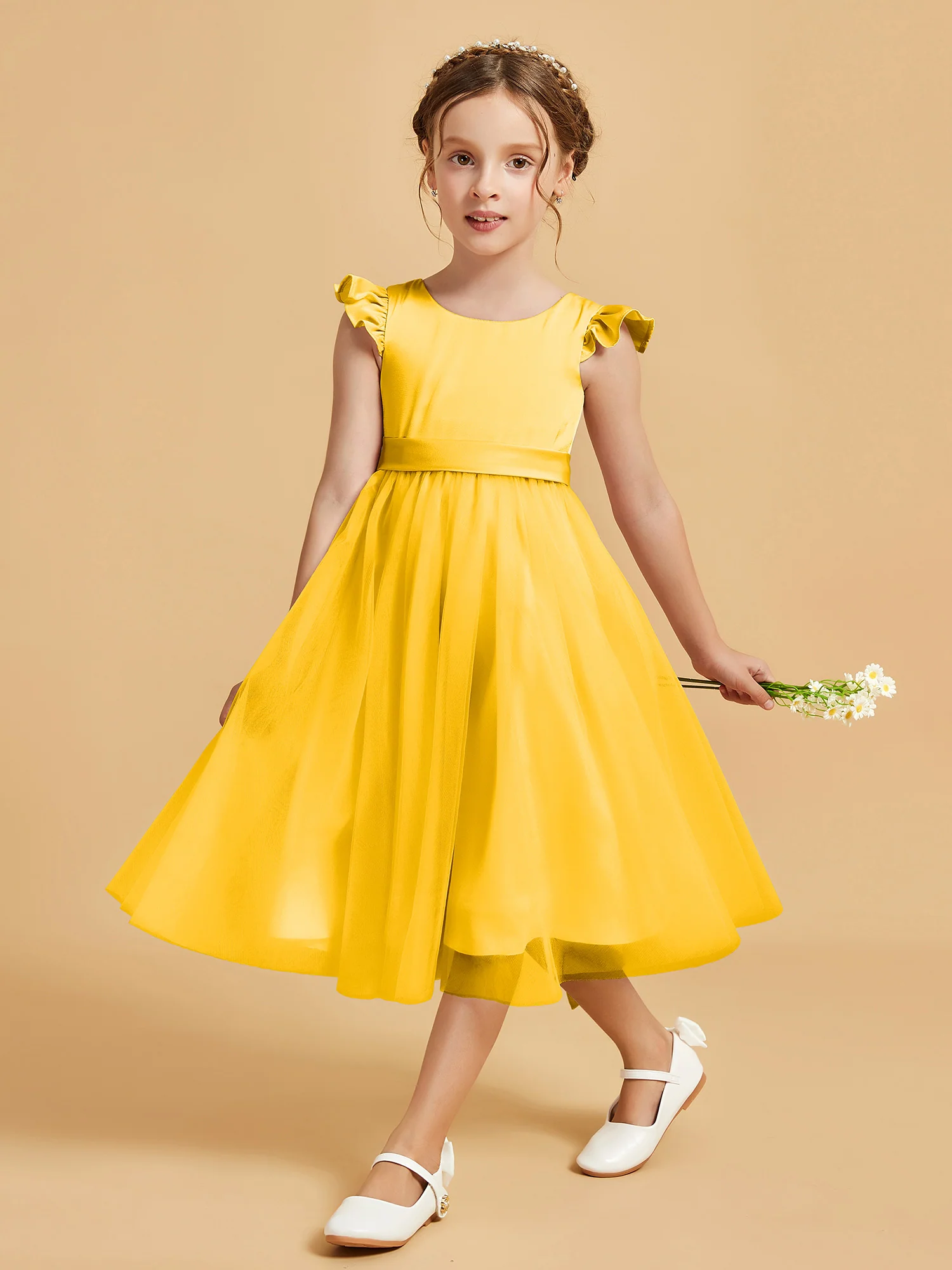 Satin Girl's Dress With Flutter Sleeves Marigold - Image 3