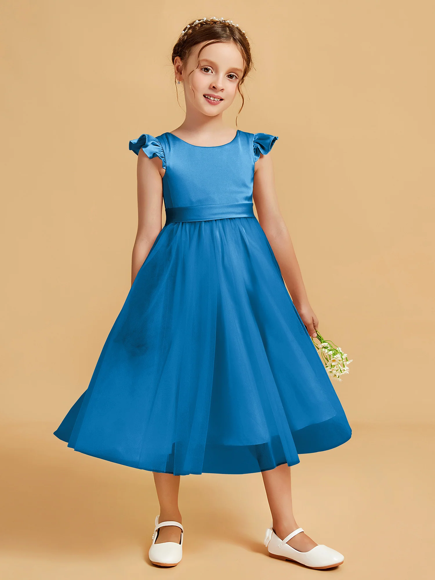 Satin Girl's Dress With Flutter Sleeves Ocean Blue