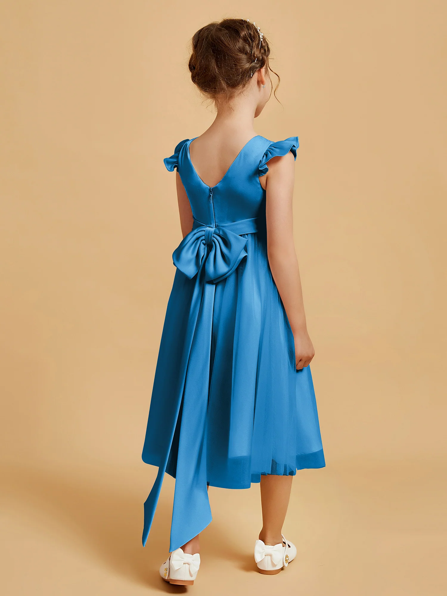 Satin Girl's Dress With Flutter Sleeves Ocean Blue - Image 2