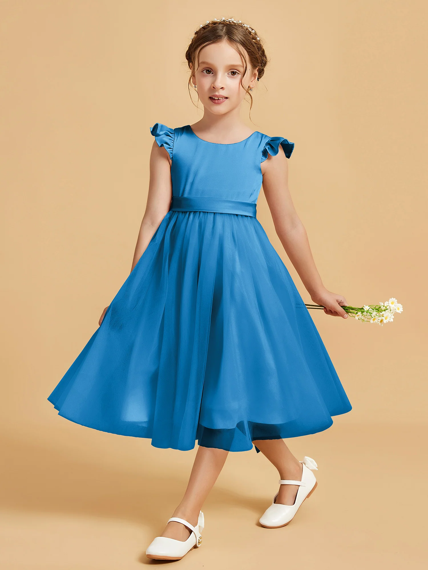 Satin Girl's Dress With Flutter Sleeves Ocean Blue - Image 3