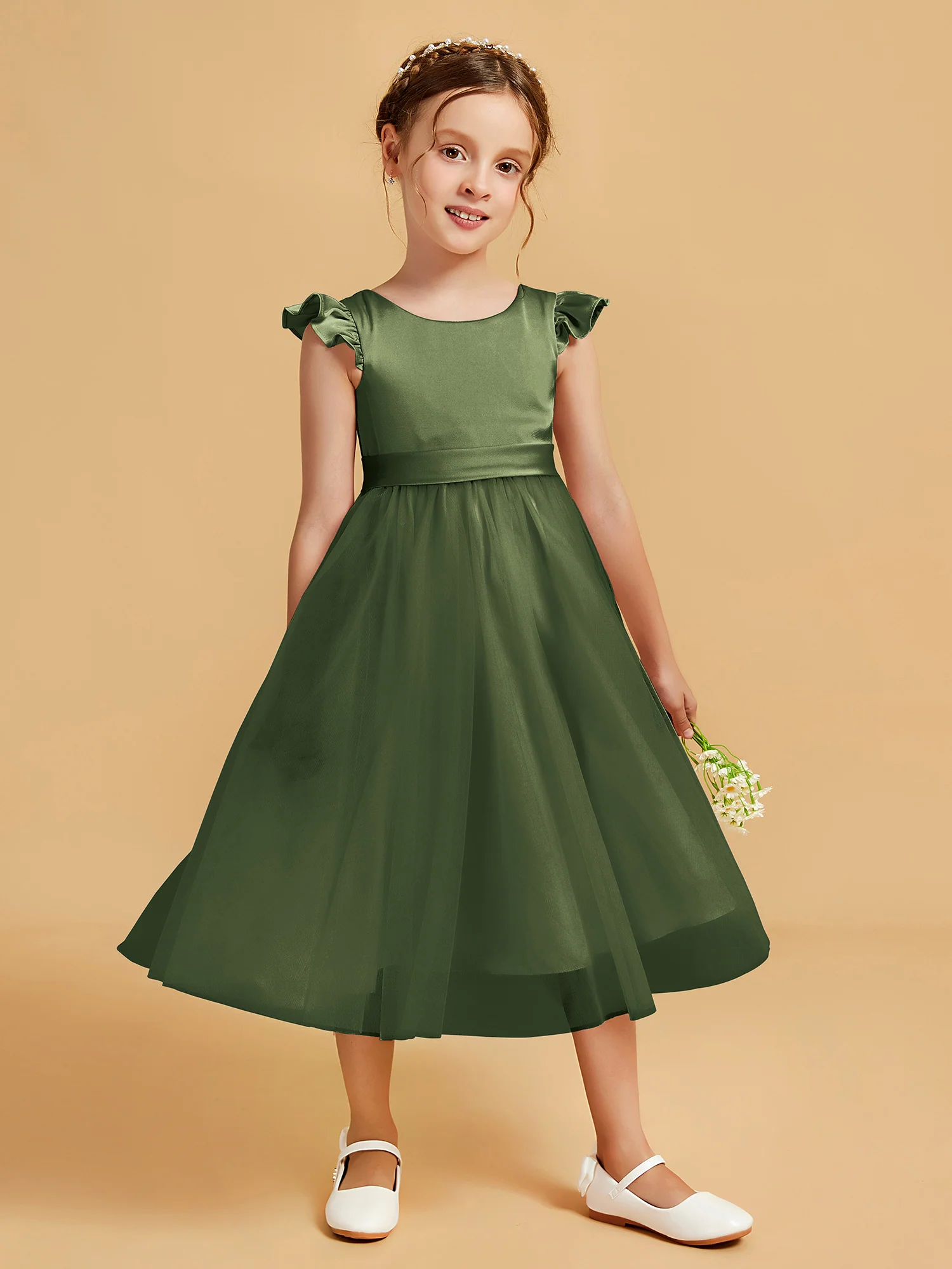 Satin Girl's Dress With Flutter Sleeves Olive Green