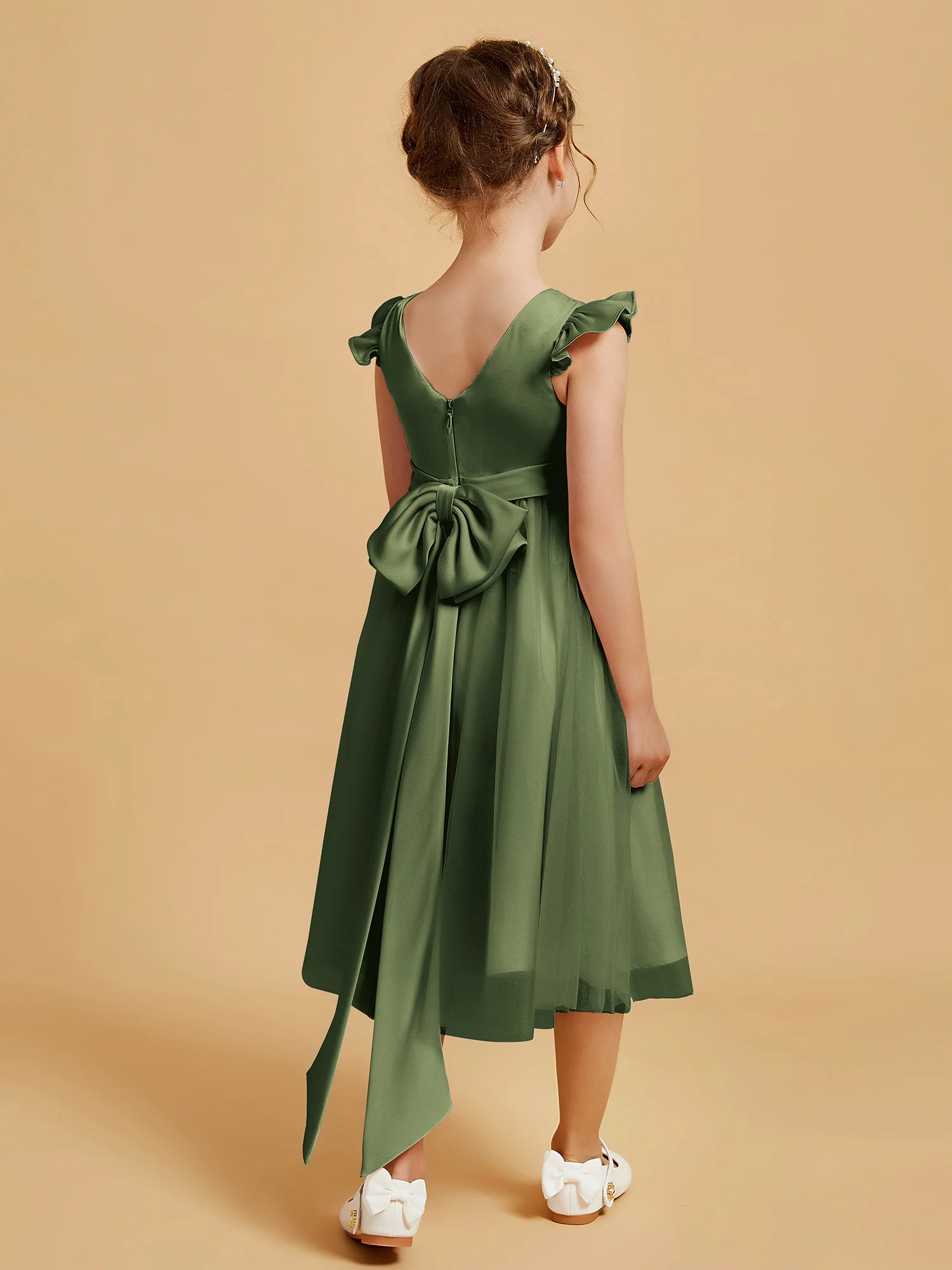 Satin Girl's Dress With Flutter Sleeves Olive Green - Image 2