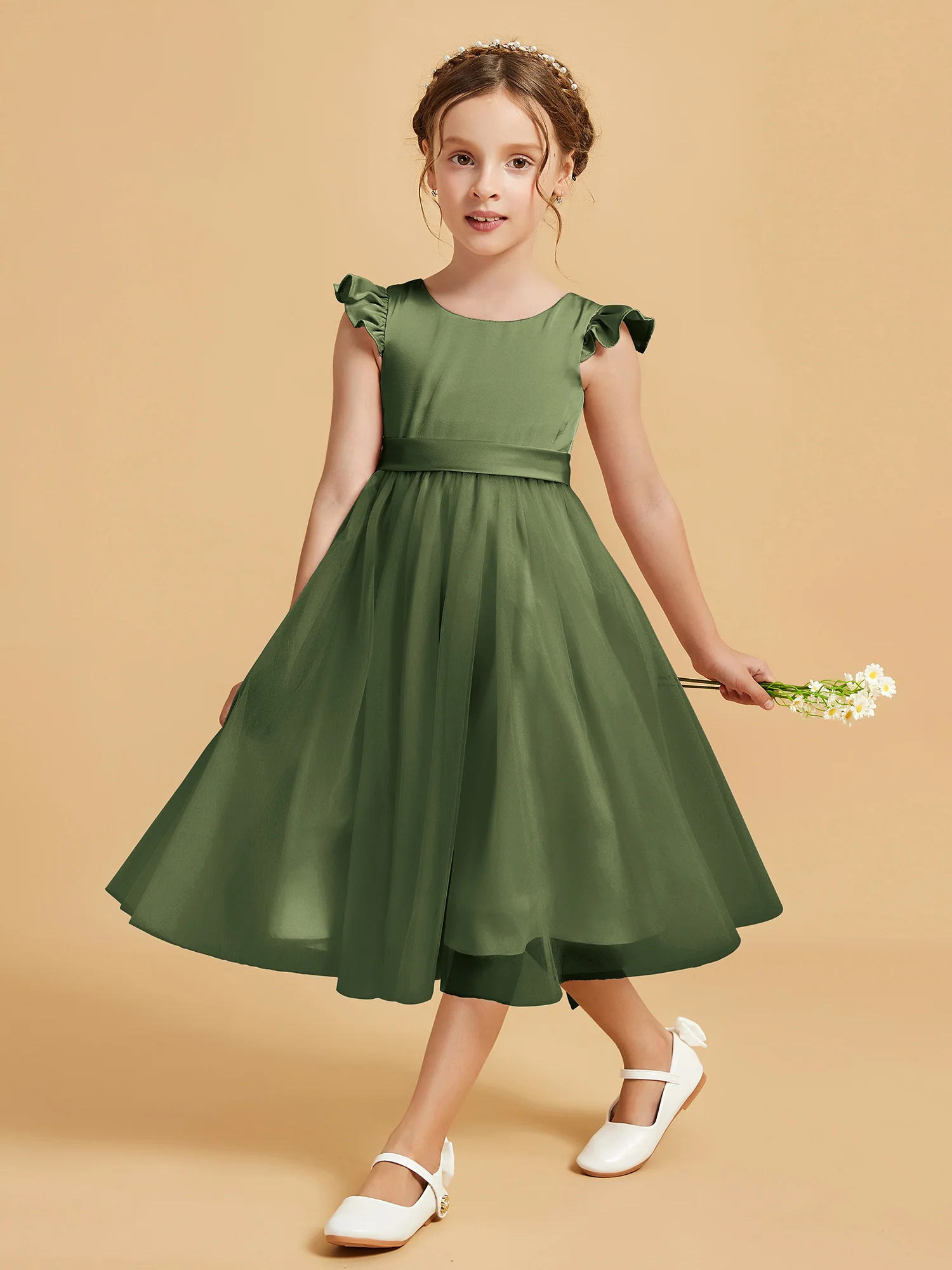 Satin Girl's Dress With Flutter Sleeves Olive Green - Image 3