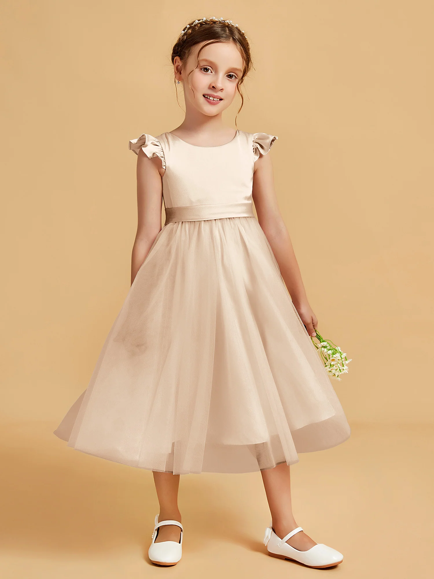 Satin Girl's Dress With Flutter Sleeves Peach