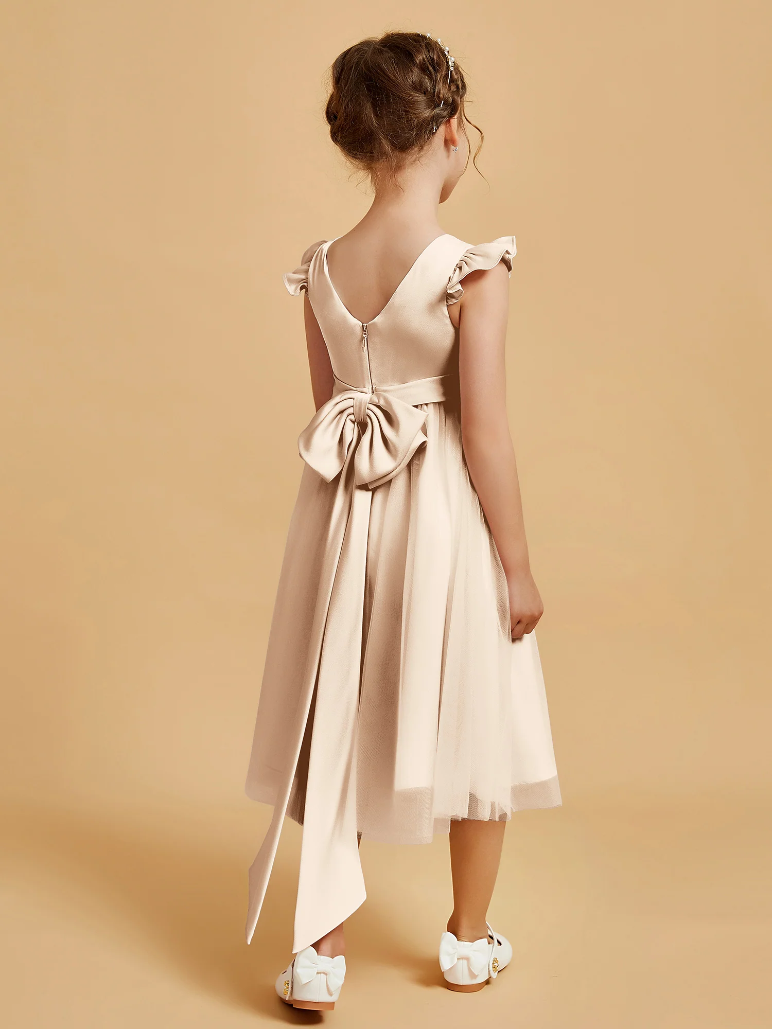 Satin Girl's Dress With Flutter Sleeves Peach - Image 2