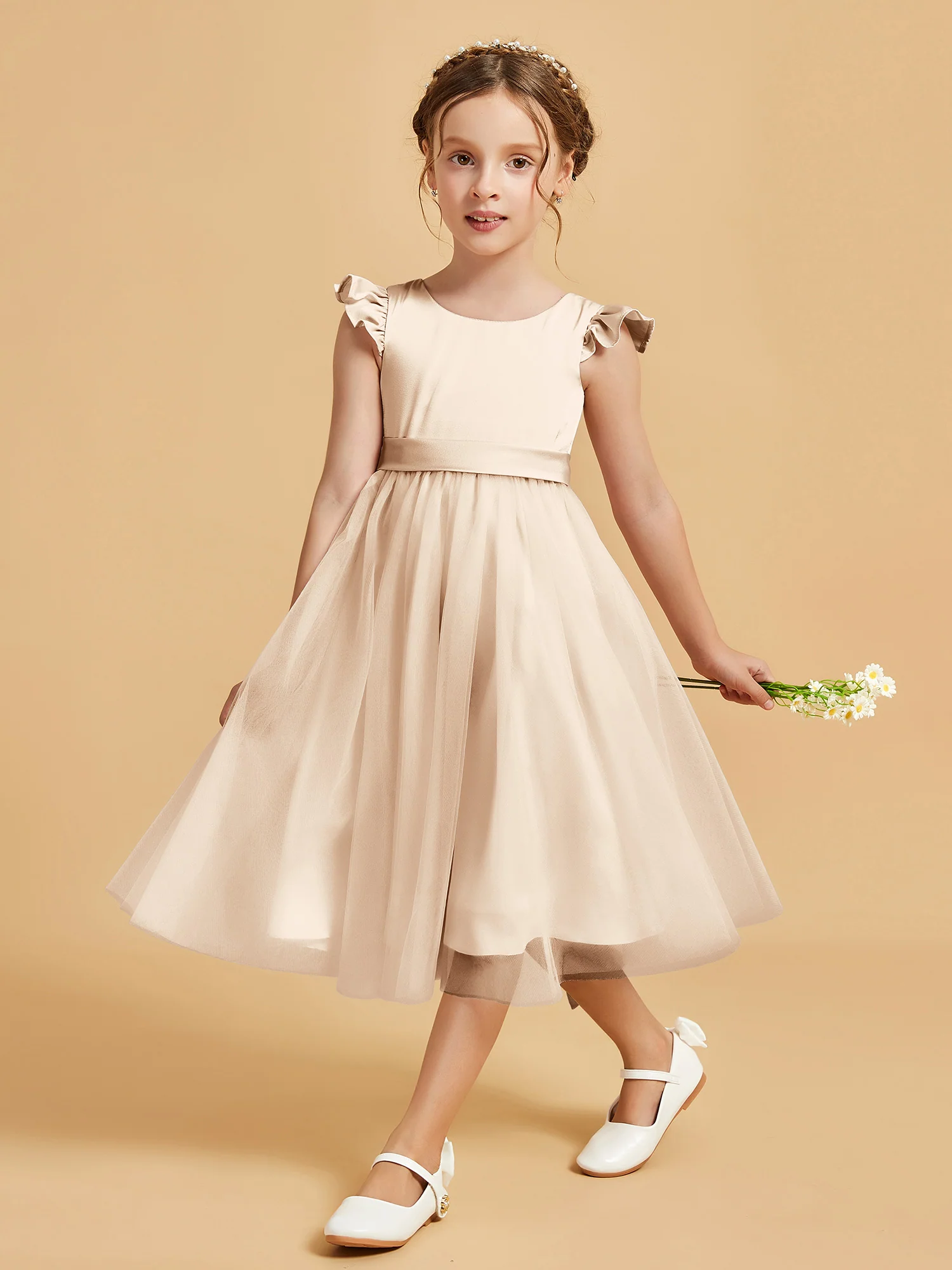 Satin Girl's Dress With Flutter Sleeves Peach - Image 3