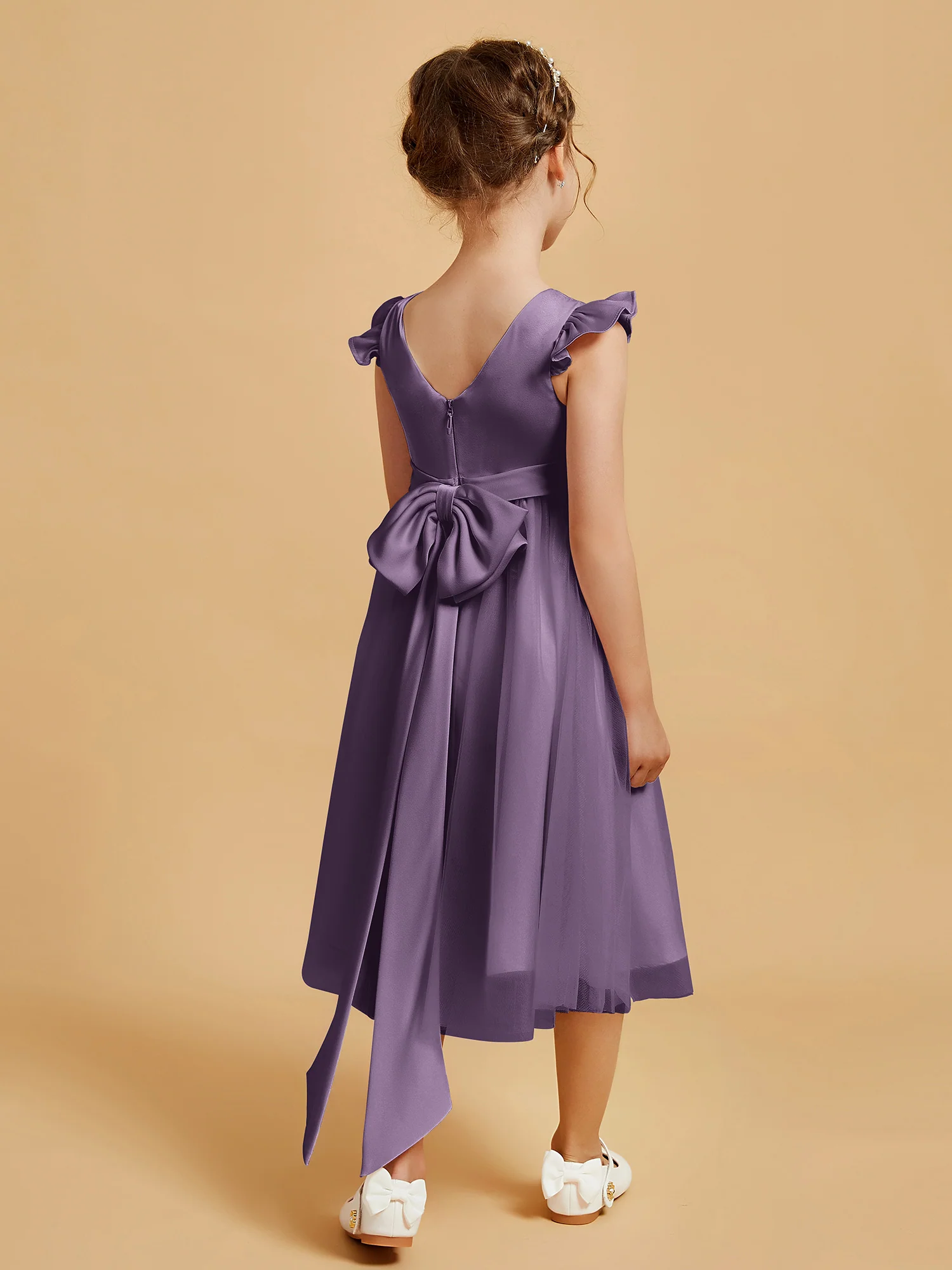 Satin Girl's Dress With Flutter Sleeves Plum - Image 2