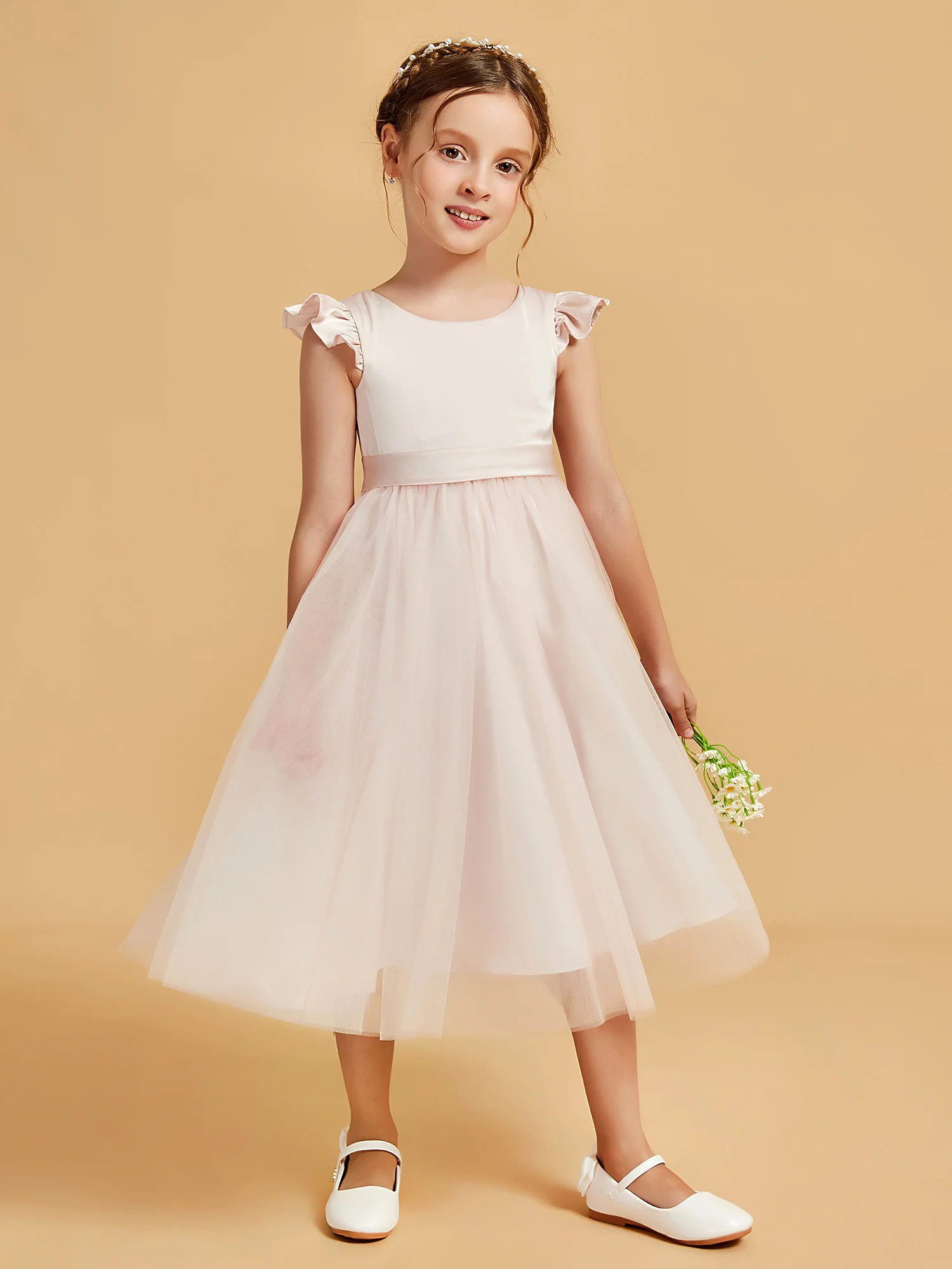 Satin Girl's Dress With Flutter Sleeves Rose Petal