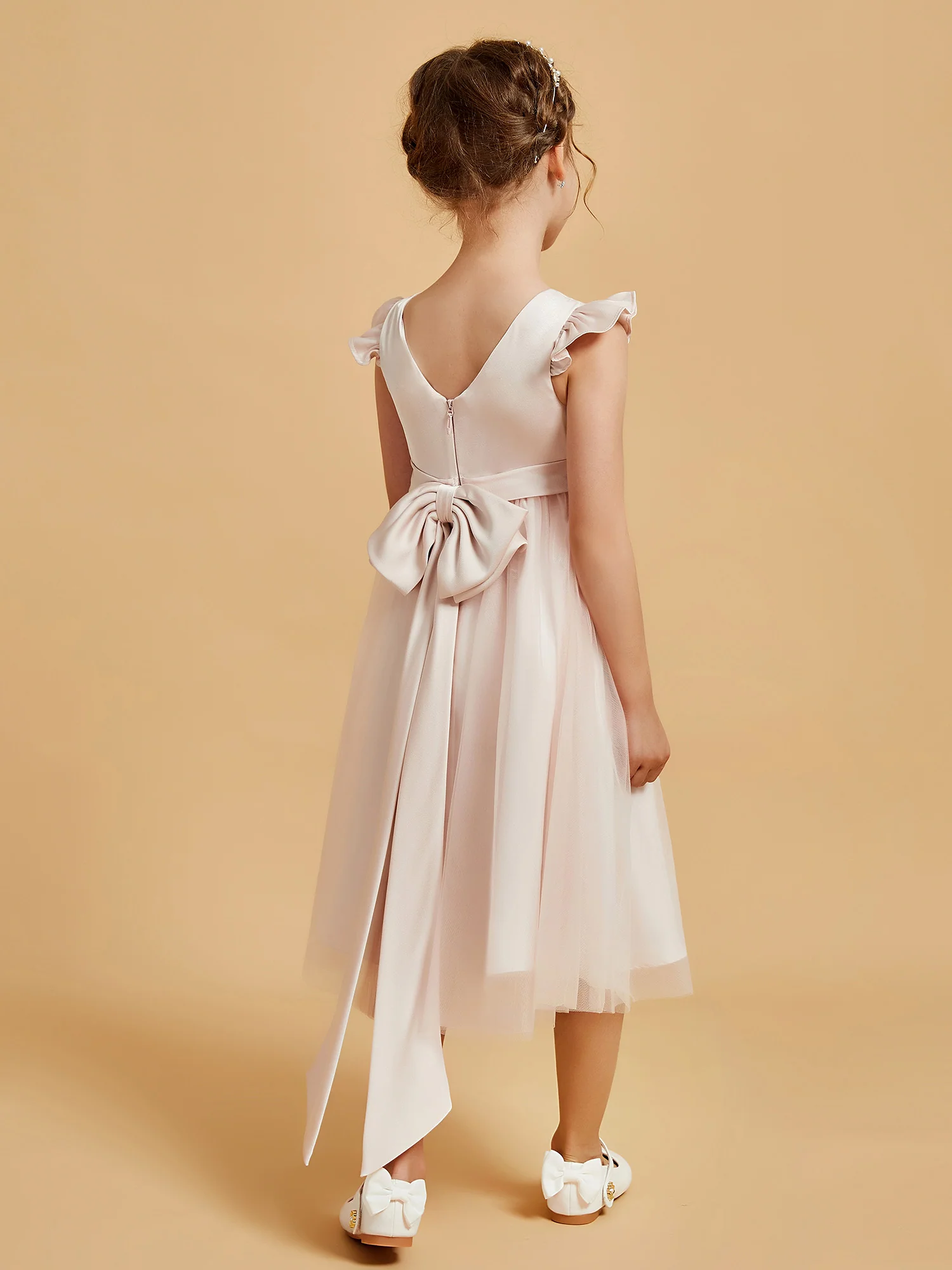 Satin Girl's Dress With Flutter Sleeves Rose Petal - Image 2