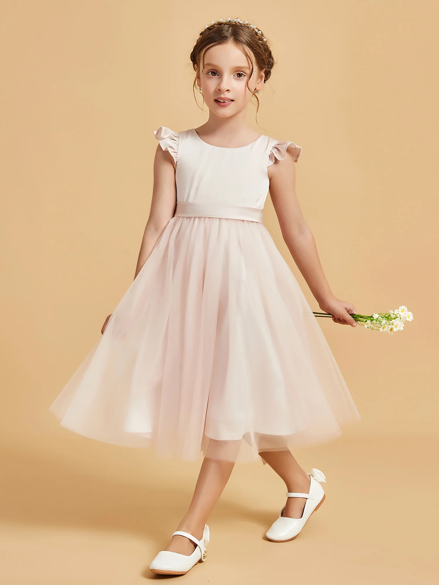 Satin Girl's Dress With Flutter Sleeves Rose Petal - Image 3