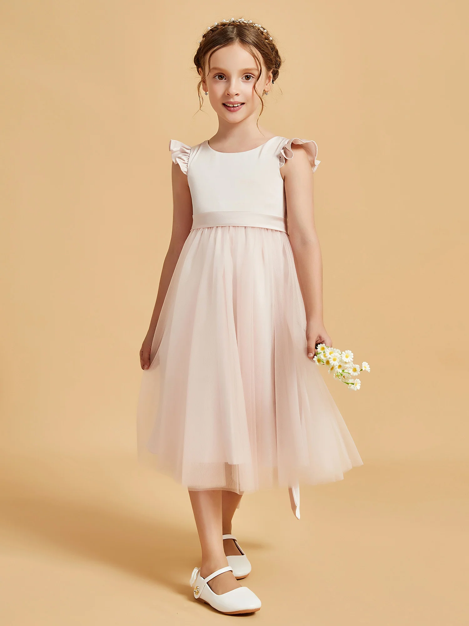 Satin Girl's Dress With Flutter Sleeves Rose Petal - Image 4